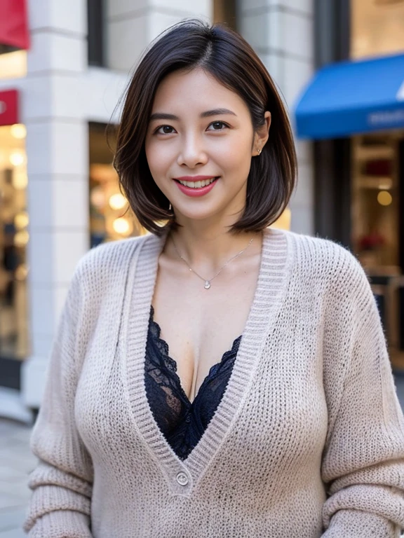 8k quality，masterpiece,best quality,cleveage,Shopping street,(Perfect body beauty:1.2),Black underwear exposed,（Chest：1.4），sweater，Smile，Go shopping,clothes open,A woman who looks 50 years old,Slightly plump women，A beautiful woman who looks a bit older，Micromeat