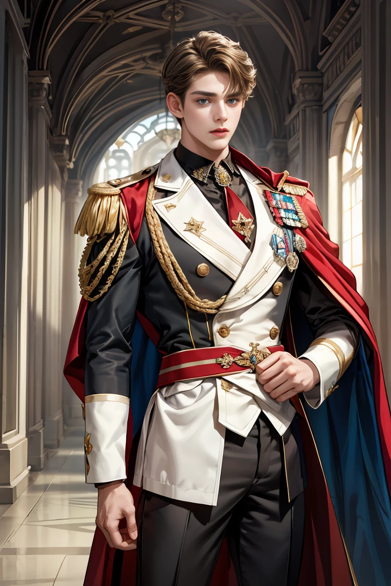 
masterpiece, 最high quality, high quality, 1 boy, alone, Male focus, Watching the audience,  Messy brown hair, Adorable big blue eyes, White, Noble, Noble, Beautiful tailcoat、A very voluminous, large, very large, very large, long, long red and black cape with a high stand-up collar, made of a lot of fabric that reaches down to the floor., ,Cute beautiful boys,Cute, cute, kind, handsome guy