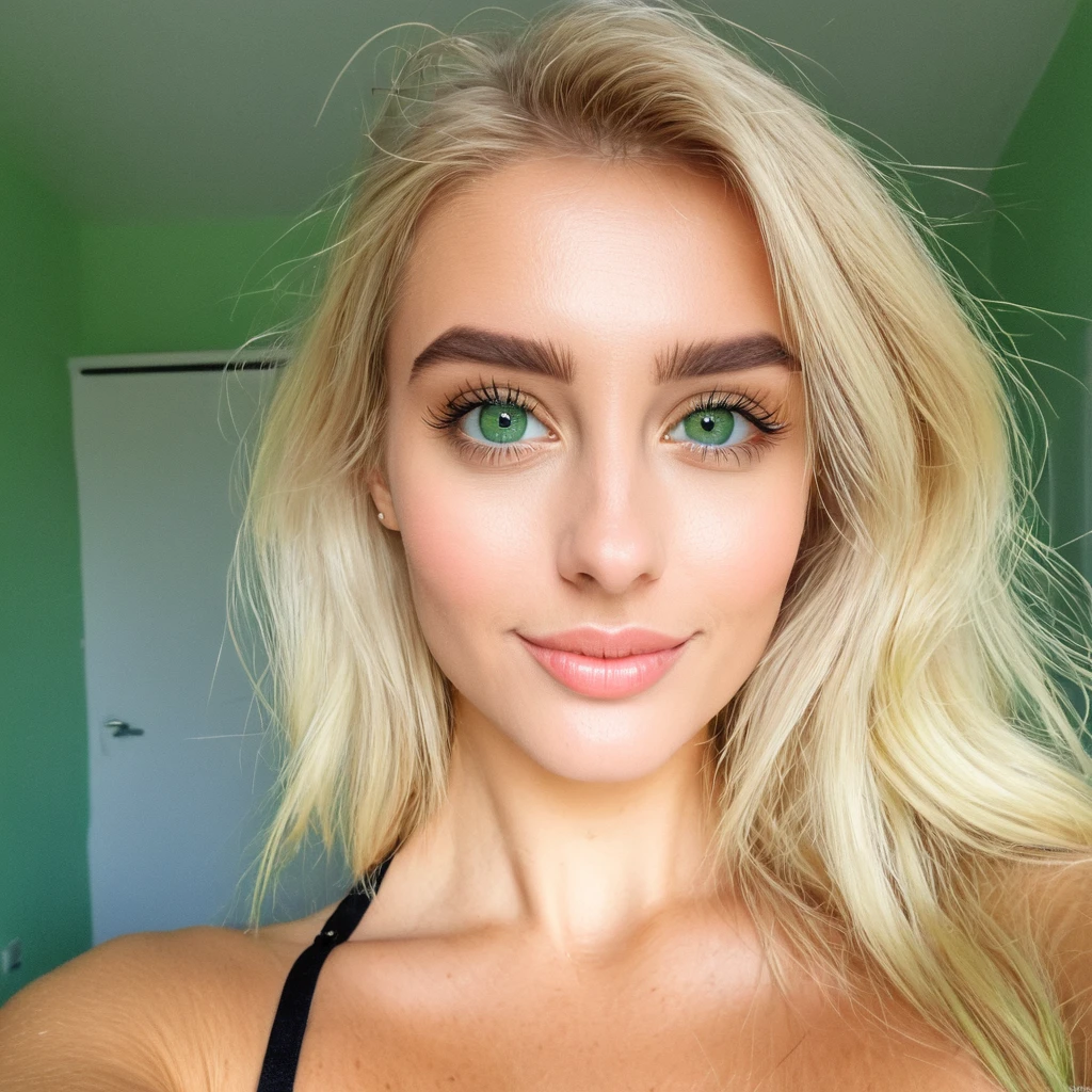 Femme française blonde au yeux verts prend un selfie en sou vêtement 