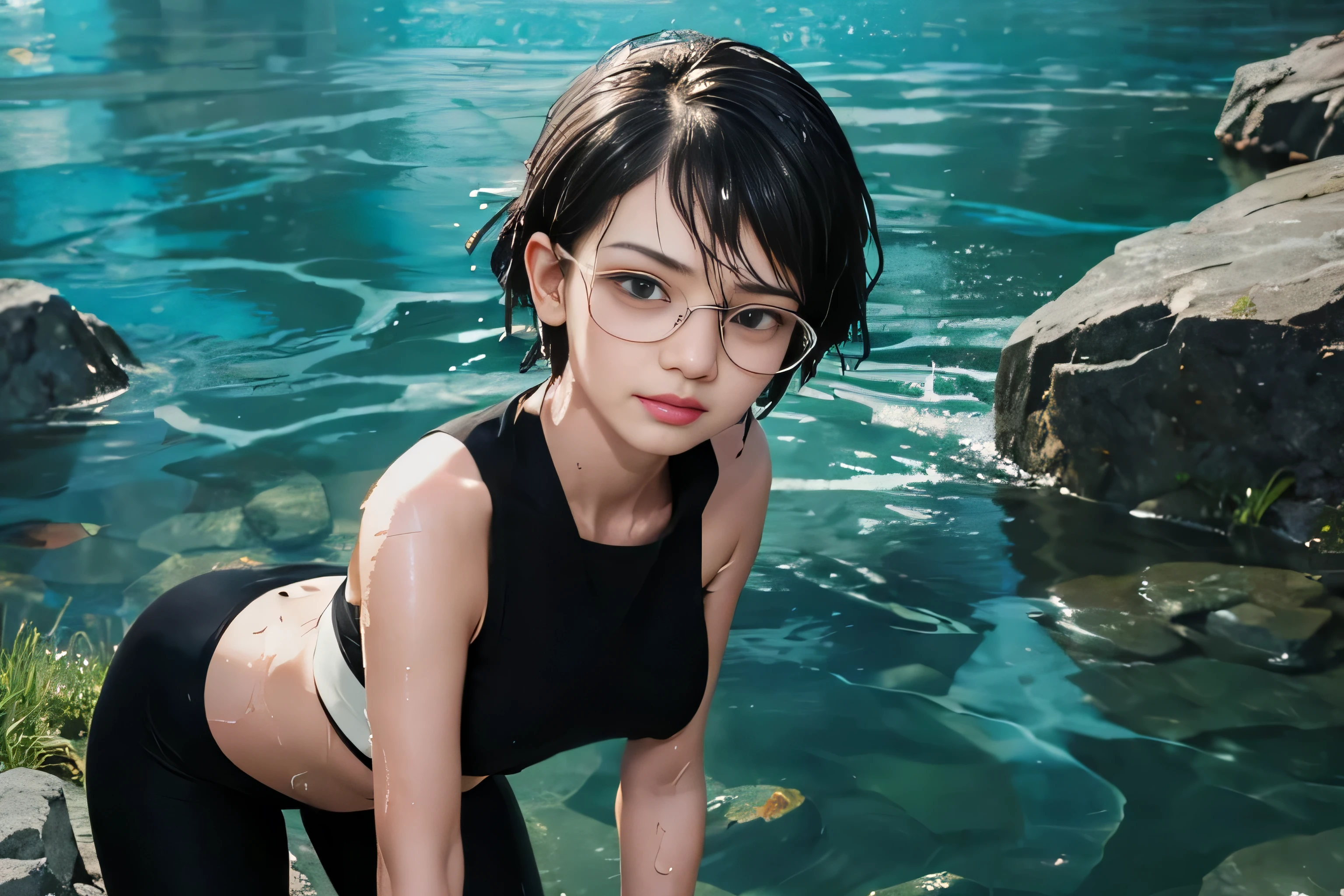 masterpiece, best quality, (realistic,photo-realistic:1.4), (RAW photo:1.2), extremely detailed CG unity 8k wallpaper, delicate and beautiful, amazing,finely detail, official art, absurdres, incredibly absurdres, huge filesize, ultra-detailed,extremely detailed eyes and face,light on face,sarada uchiha,(little smile),(black hair:1.4),(short hair:1.6),(wearing sports bra:1.5),(wearing black framed glasses:1.4),leggings,(wet body:1.5)