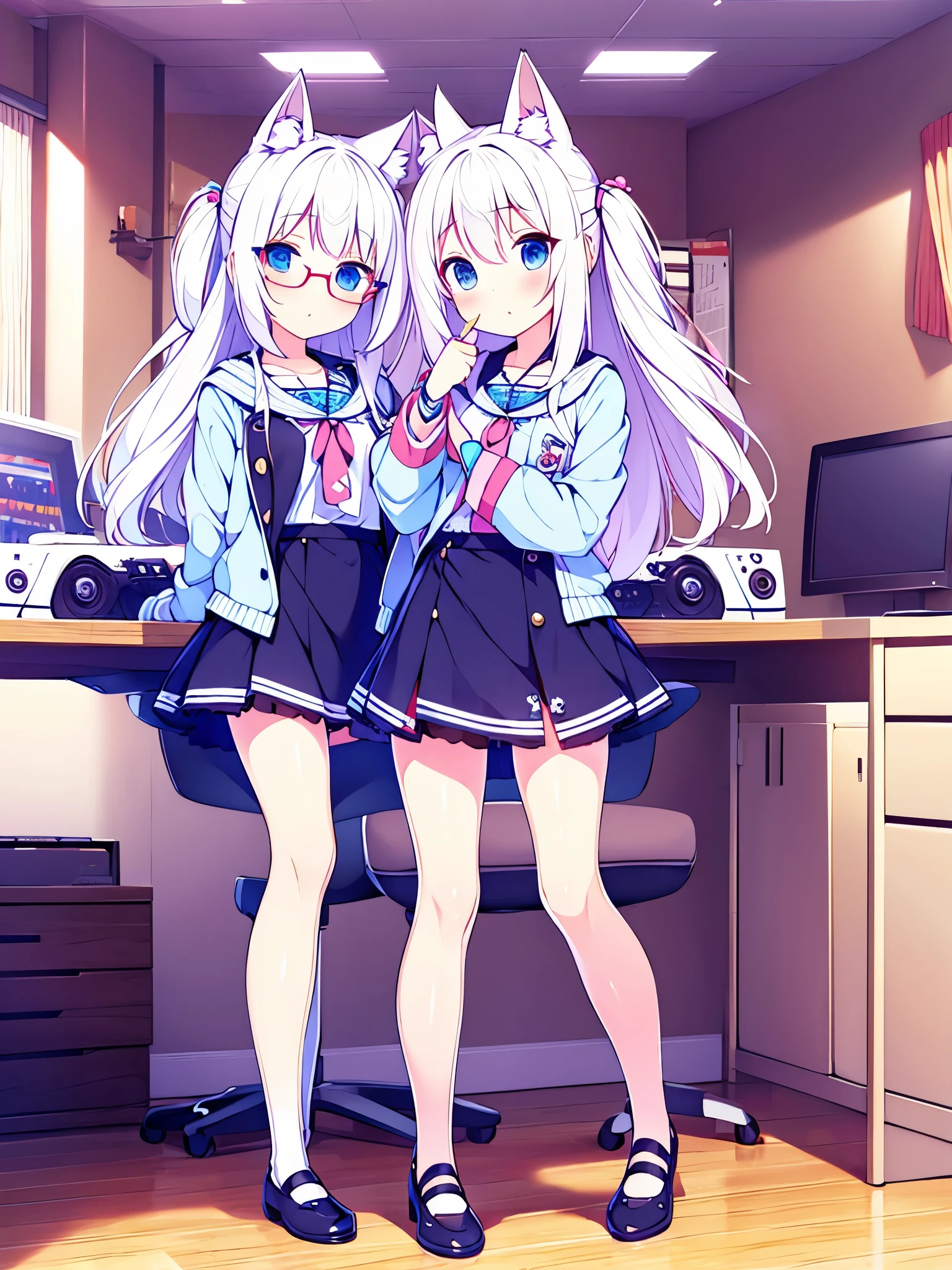 Vtuber lovely cute twins beautiful cat ears white hair long Short skirt dress blue eyes Stockings on legs Glasses in room with a console controller in her hand broche gamer en su cabeza full body pc intel logo