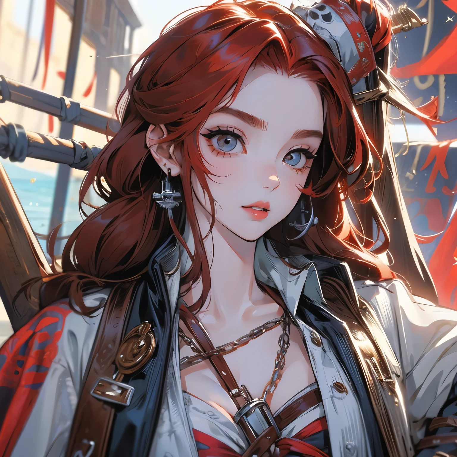 Epic CG masterpiece, hdr,dtm, full ha,8K, ultra detailed graphic tension, dynamic poses, stunning colors, 3D rendering, surrealism, cinematic lighting effects, realism, 00 renderer, super realistic, full - body photos, super vista, super wide Angle, HD
Pirate (Mole under eye:0.8), Milky skin, (shiny skin:1.4)(red hair:1.5)A mature facesideways glance, (cold attitude,eyeshadow,eyeliner:1.1),(red lips:1.3),watery eyes,
A shot with tension(sky glows red,Visual impact,giving the poster a dynamic and visually striking appearance:1.2),
<lora:~Q?-`mwNPirate:0.8>