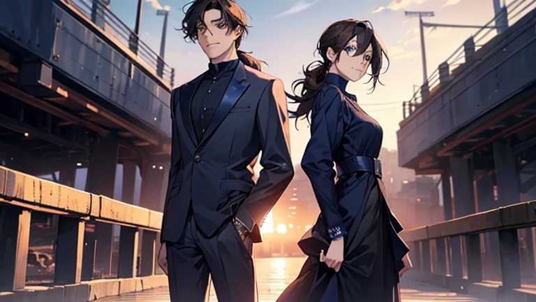 masterpiece, highest quality, 2. He, Couple, One Man and One Woman,mature, Adult, Height difference, Different Fashion, Different colors, Beautiful eyes and a beautiful face, ,The man has dark blue hair, A man with a navy blue low ponytail,suit,Intricate details,,Dawn Sky,Standing back to back,Smiling man with a navy blue low ponytail,Woman with long dark brown hair,Woman with down hair,Man with dark blue eyes, Woman with light blue eyes,Stand back to back,