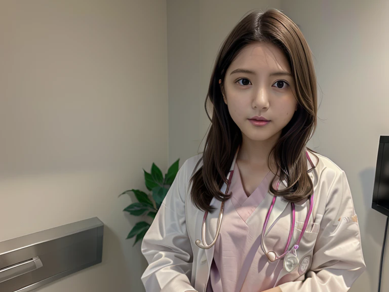 (kawashimaumika), (RAW Photos, highest quality),masterpiece, Natural light, 1 girl, Smooth Hair、Wear a lab coat over your scrubs, Hospital examination room, Stethoscope,