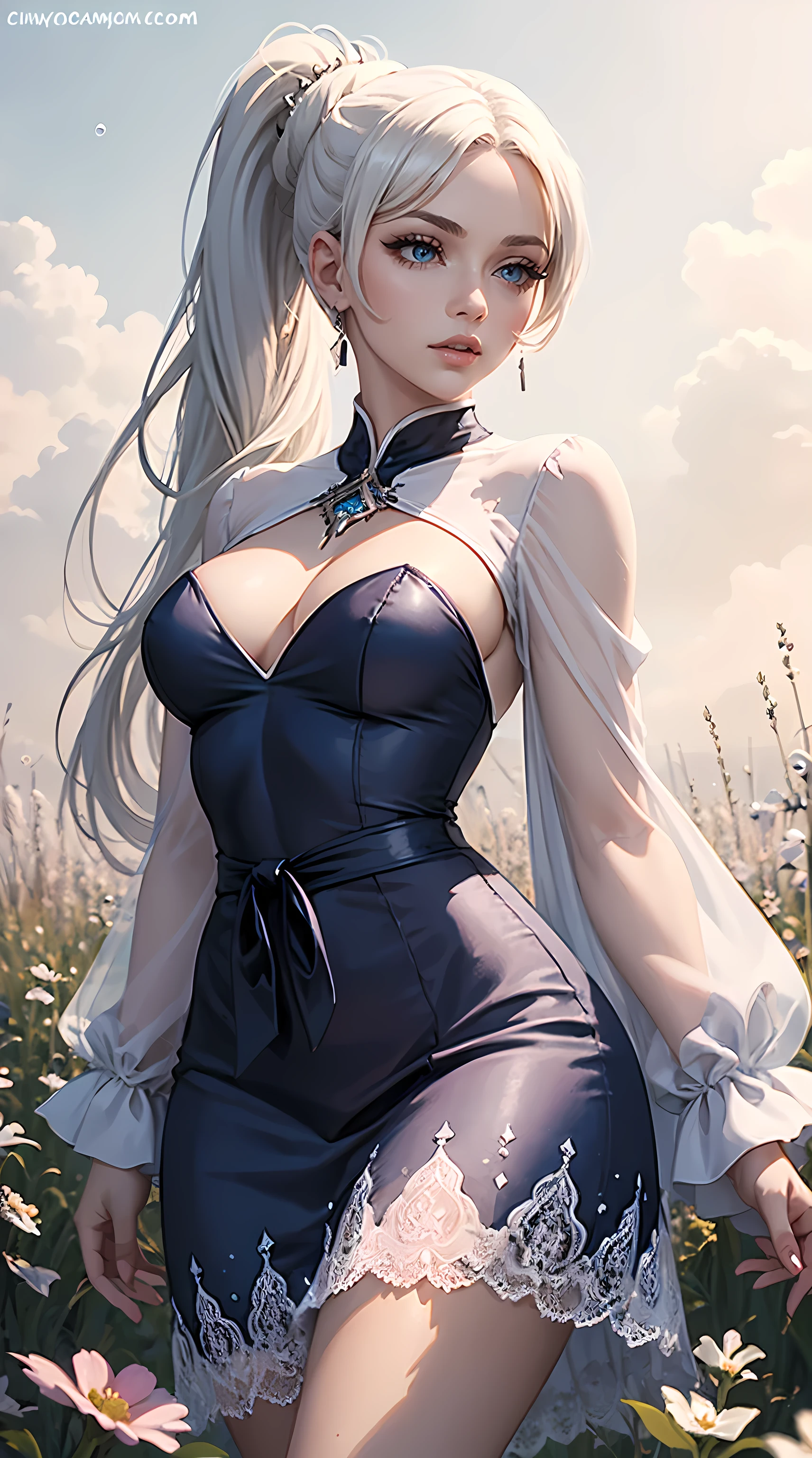 Beautiful white hair woman is shown to have a slender figure. She is wearing a  beautiful detailed spring printed Frenchy Bubble Sleeve Waist Cinching Dress, jewelry, she has blue eyes, ponytail, Girl standing outside in a field, sexy session, cowboy shot, superior quality, many details, realistic