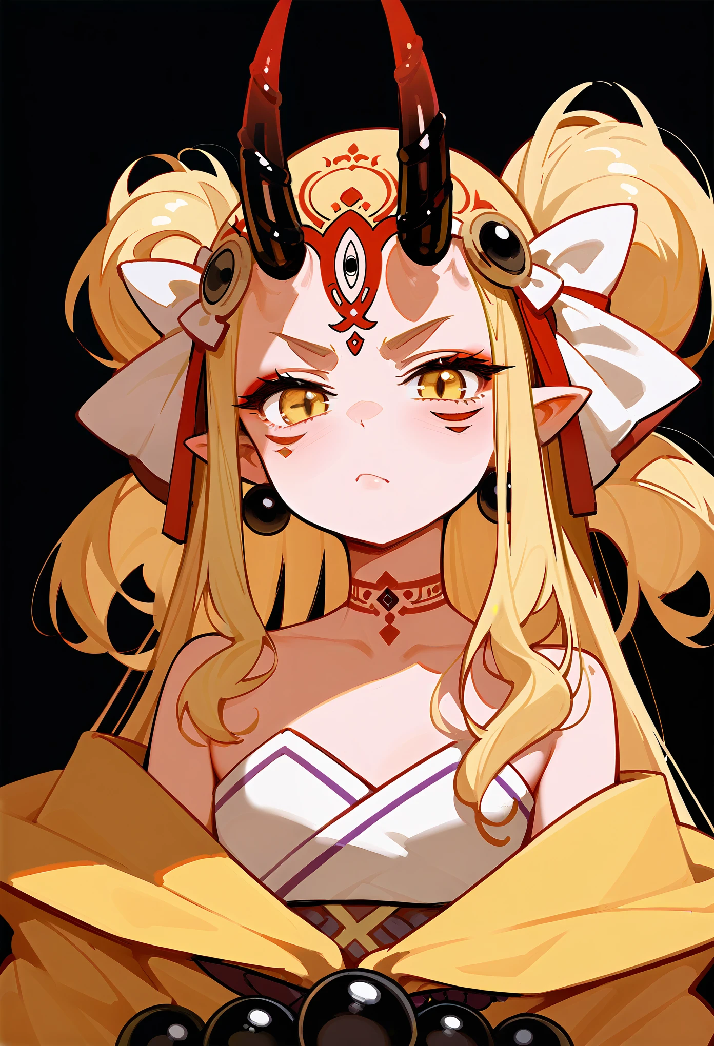 masterpiece, best quality, (score_9, score_8_up, score_7_up), 1girl, solo, close-up, long hair, blonde hair, sidelocks, yellow eyes, pointy ears, facial mark, tattoo, forehead mark, oni, horns, neutral, serious, looking at viewer, japanese clothes, yellow kimono, headdress, earrings, jewelry, beads, off-shoulder, wide sleeves, upper body, black background, 