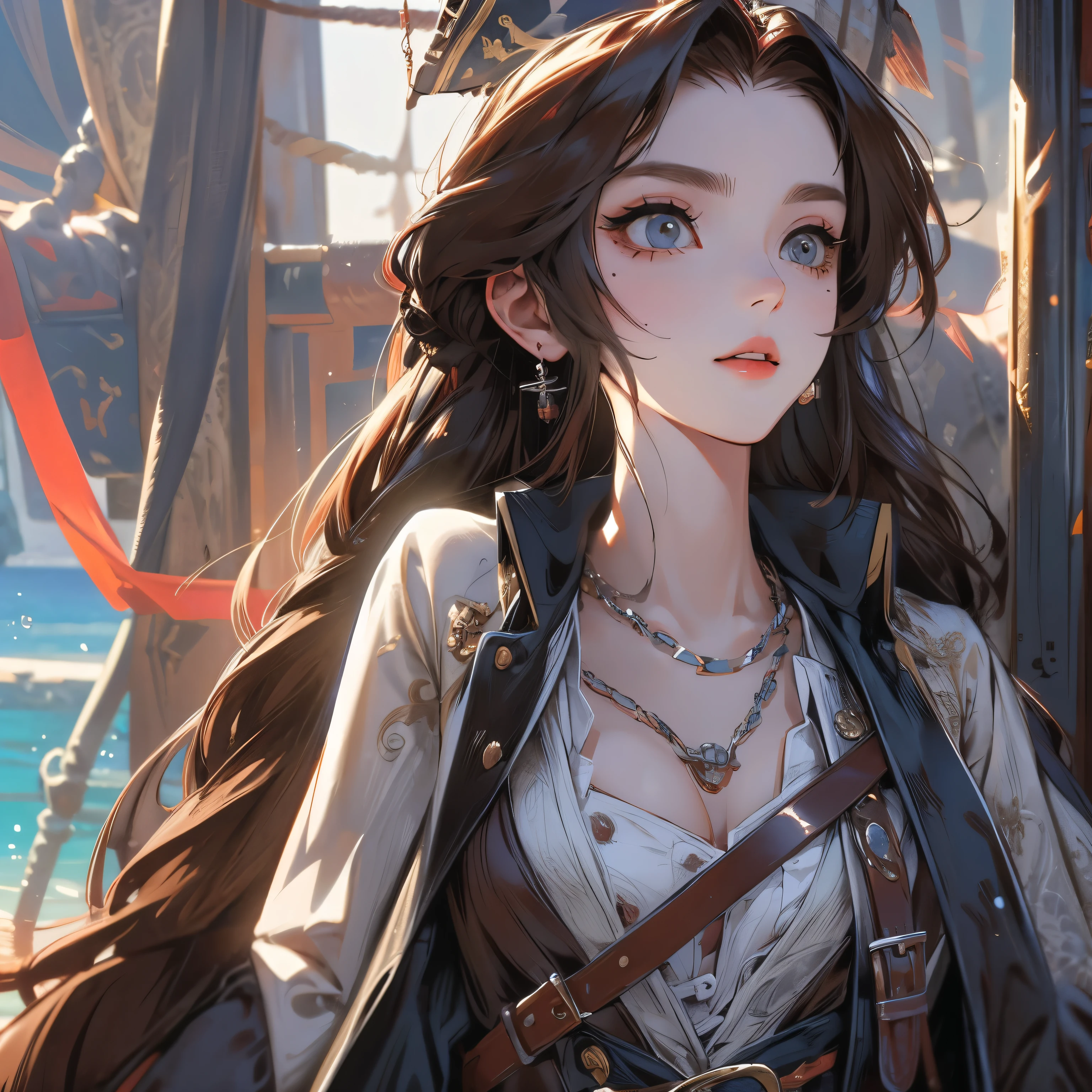 portrait,female pirate、Jack Sparrow Style、beautiful woman、fully dressed like pirate、sexy、masterpiece、highest quality、beautiful eyes