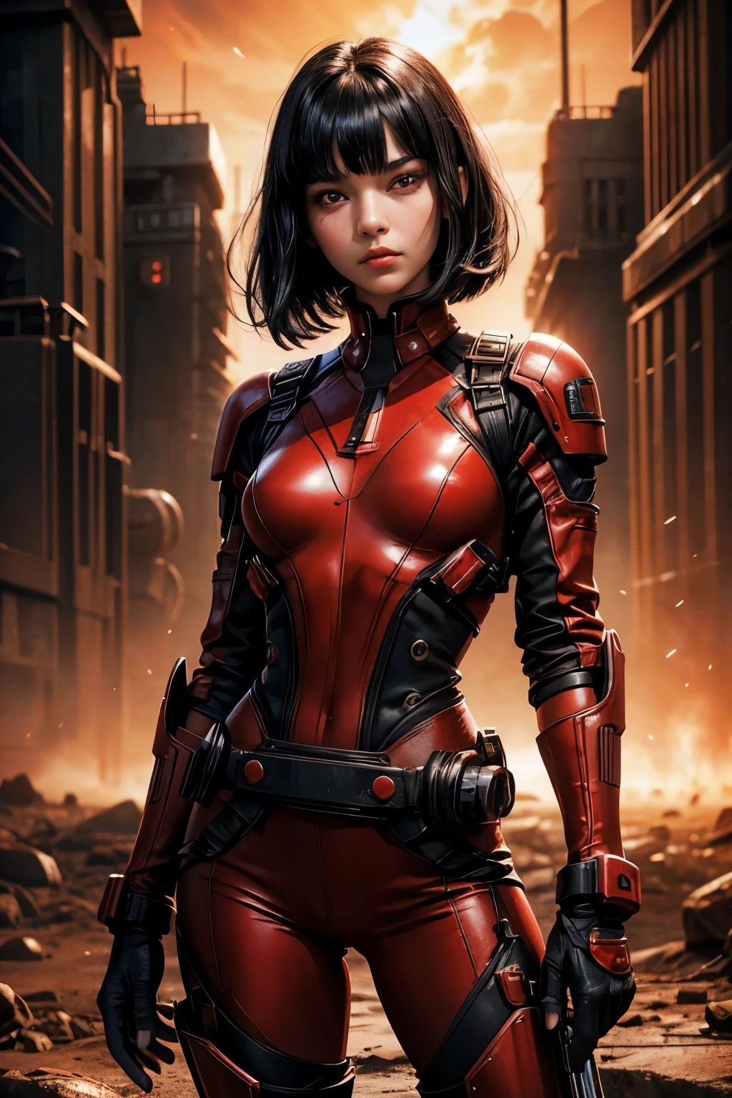 Beautiful woman. Black hair. Her bangs are down. Twenty years old. Beautiful double eyes. The bridge of my nose. Well-shaped lips. She is looking at the camera with a defiant expression. She wears red metallic combat uniform and holds a small ray gun in one hand. She is standing in a wasteland reminiscent of Mars.