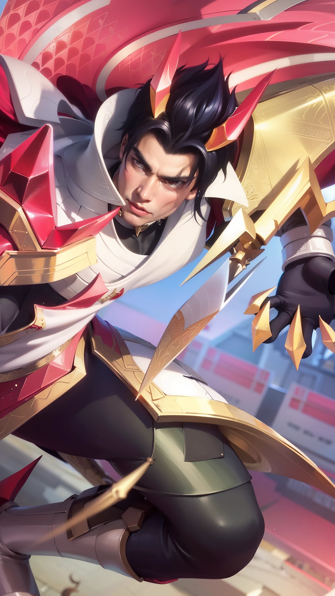 a close up of a guy with a sword and a red cape, son of sparda, handsome guy in demon slayer art, Best quality, masterpiece, detailed skin texture, detailed clothes texture, detailed face, super detail, 8k, intricate detail, 1 boy, The color doesn't change, Muscle guy, 1 guy.