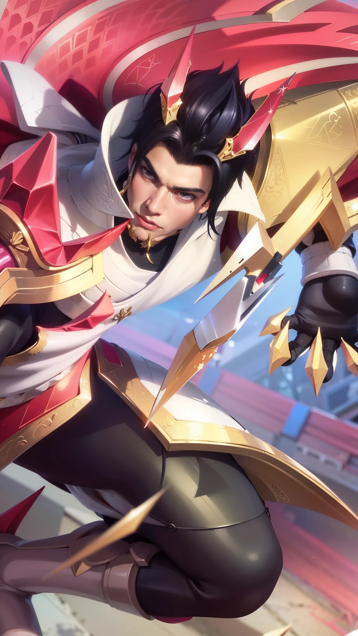 a close up of a guy with a sword and a red cape, son of sparda, handsome guy in demon slayer art, Best quality, masterpiece, detailed skin texture, detailed clothes texture, detailed face, super detail, 8k, intricate detail, 1 boy, The color doesn't change, Muscle guy, 1 guy.