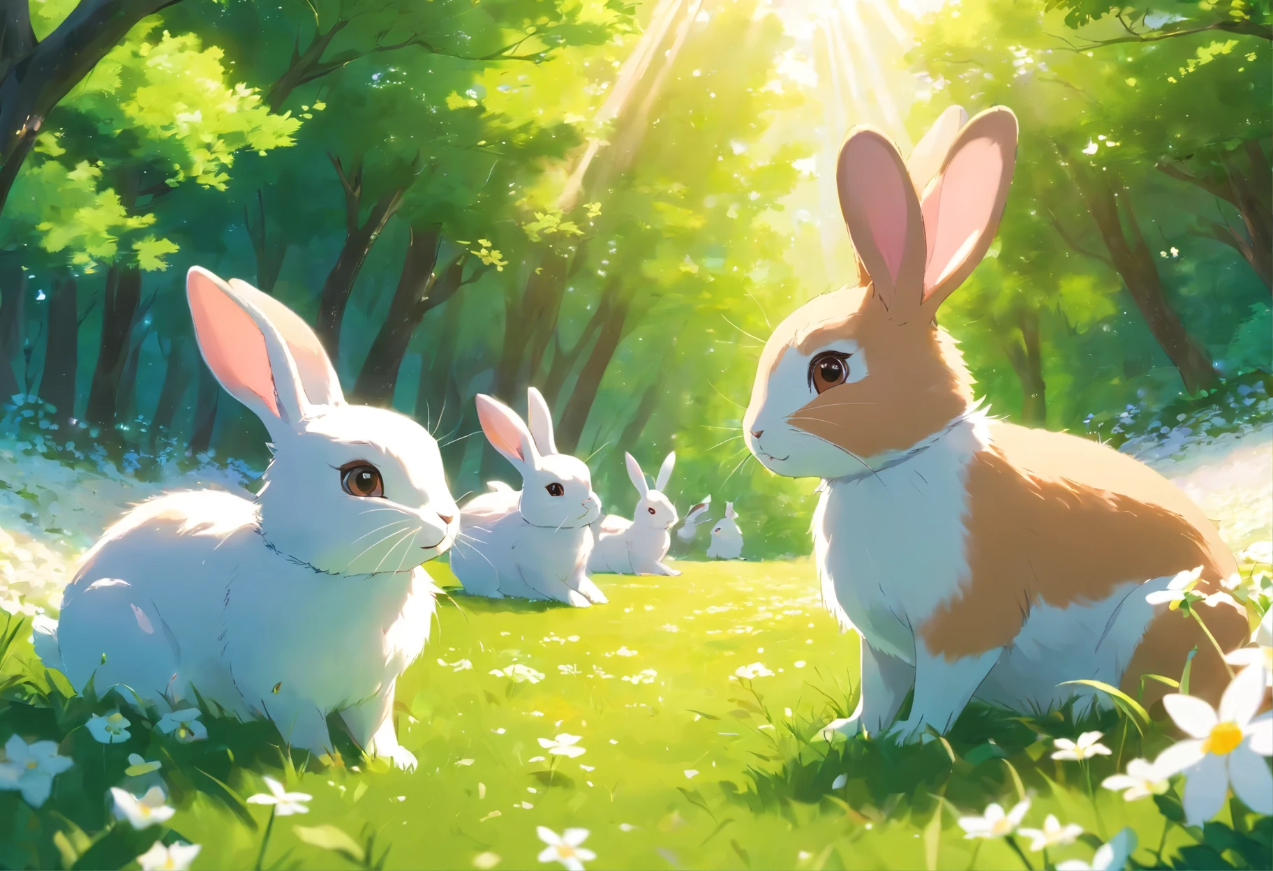 Many cute rabbits sitting on the grass, surrounded by white flowers and green trees, with sunlight shining through the leaves of trees. The photo adopts bright colors to highlight the soft fur texture of the bunnies. This scene creates an atmosphere full of vitality and joy. 8k, super detail, accurate, best quality