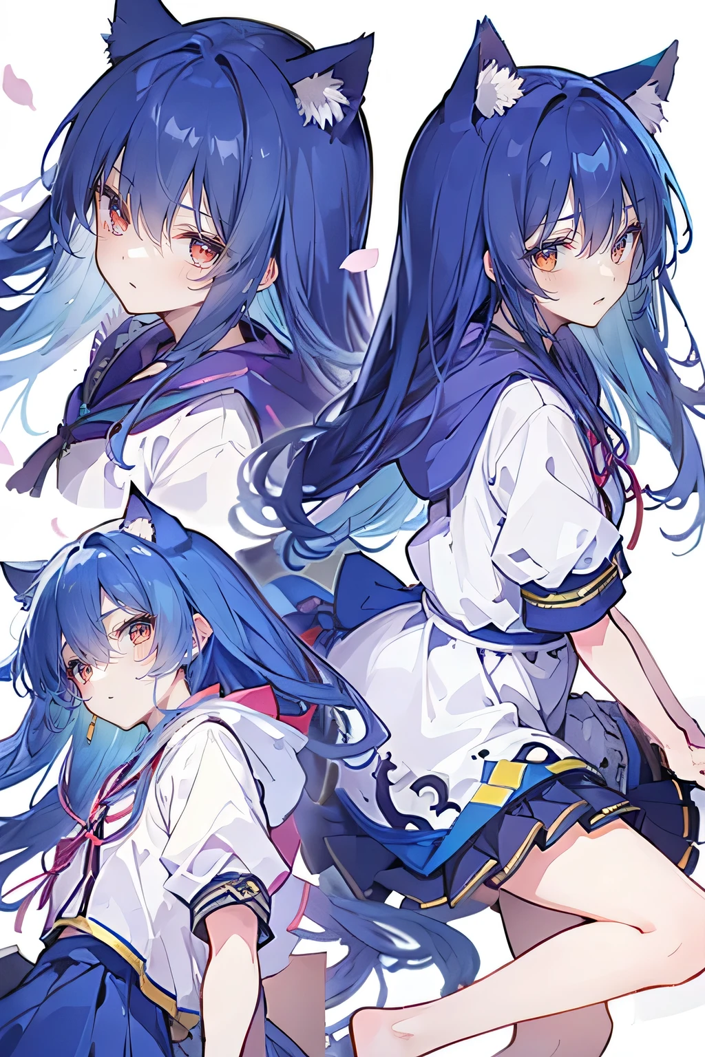 （masterpiece：1.2），Super detailed，lifelike，Expressive eyes，fair skin，perfect face shape，1 girl，
Japanese comics,Gorgeous blue hair,flowing blue hair,flowing clothes,Cat ears,Petals fall,beautiful lola,Baby Angel,
Shaking head with one hand，Lying gracefully on the ground，Cross your legs，Gentle and peaceful background，The pavilion is cool and comfortable,smile, wearing hoodie, background of tokyo,back views.