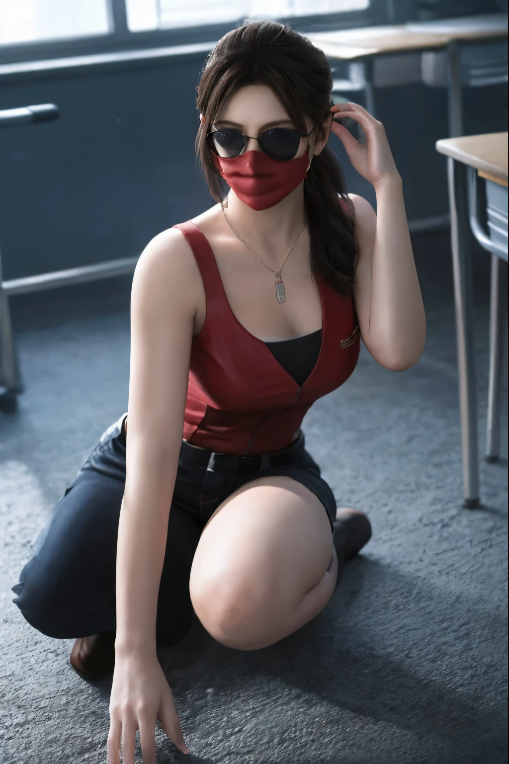 (masterpiece, best quality), 1girl , claireredfield2, in school, in sunglasses and masks, wear jeans