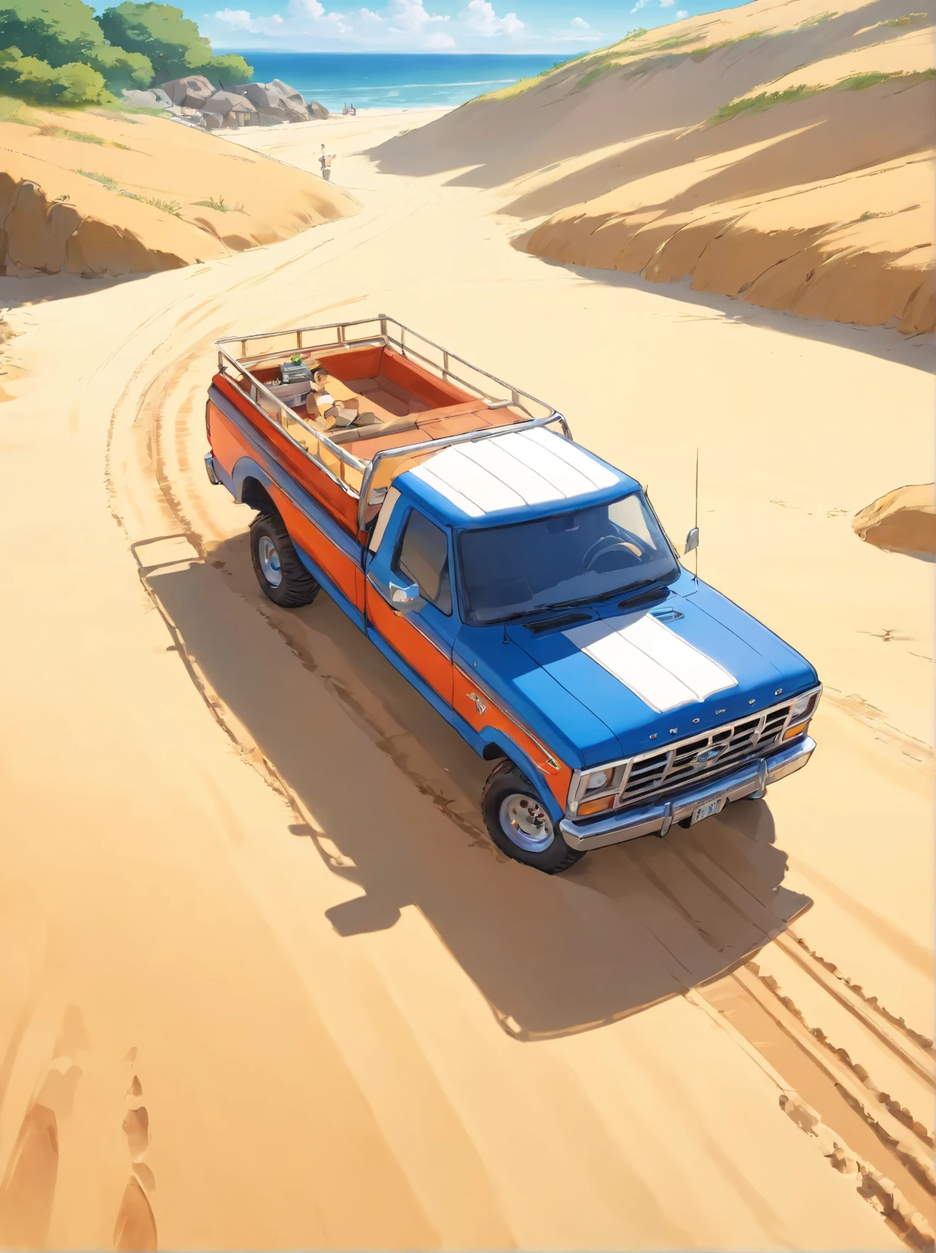 Ford F-150 SVT, en train de rouler sur le sable, avec du soleil, style dessin manga, Realstic, Distant view