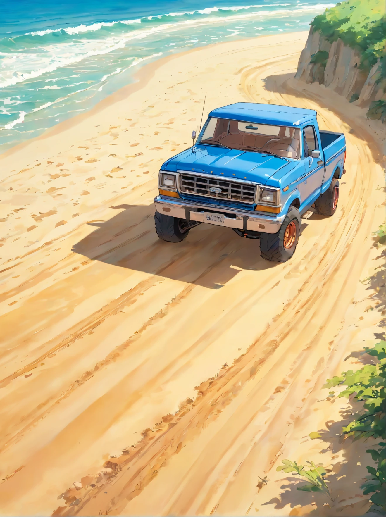 Ford F-150 SVT, en train de rouler sur le sable, avec du soleil, style dessin manga, Realstic, Distant view