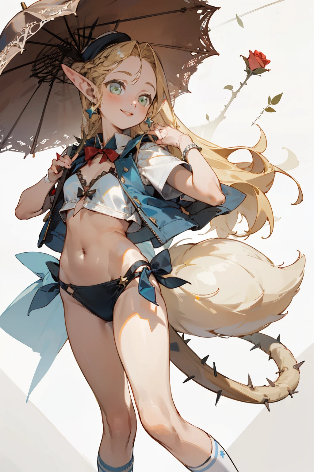 A bikini、girl in a hat,(masterpiece, best quality) detailed,silver accessories , Blonde ,elegant, Pointed ears ,White shirt,Double tail,Waist-length hair,Smile,Star decoration,White lace socks,thorns,Rose,Vest line