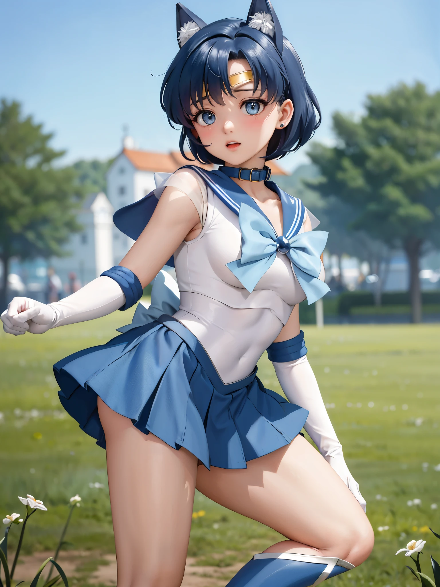 Armpit Show,masterpiece, highest quality, High resolution, Show more1, headgear, Sailor Warrior Uniforms, Blue Skirt, Blue Sailor collar, tiara, bow, Knee-length boots, collar, White gloves, Blue collar, Elbow hand pockets, jewelry, Earrings, Pleated skirt, Denim photoshoot, Outdoor, Bokeh (85MM SHOT), Cartoon Outdoor