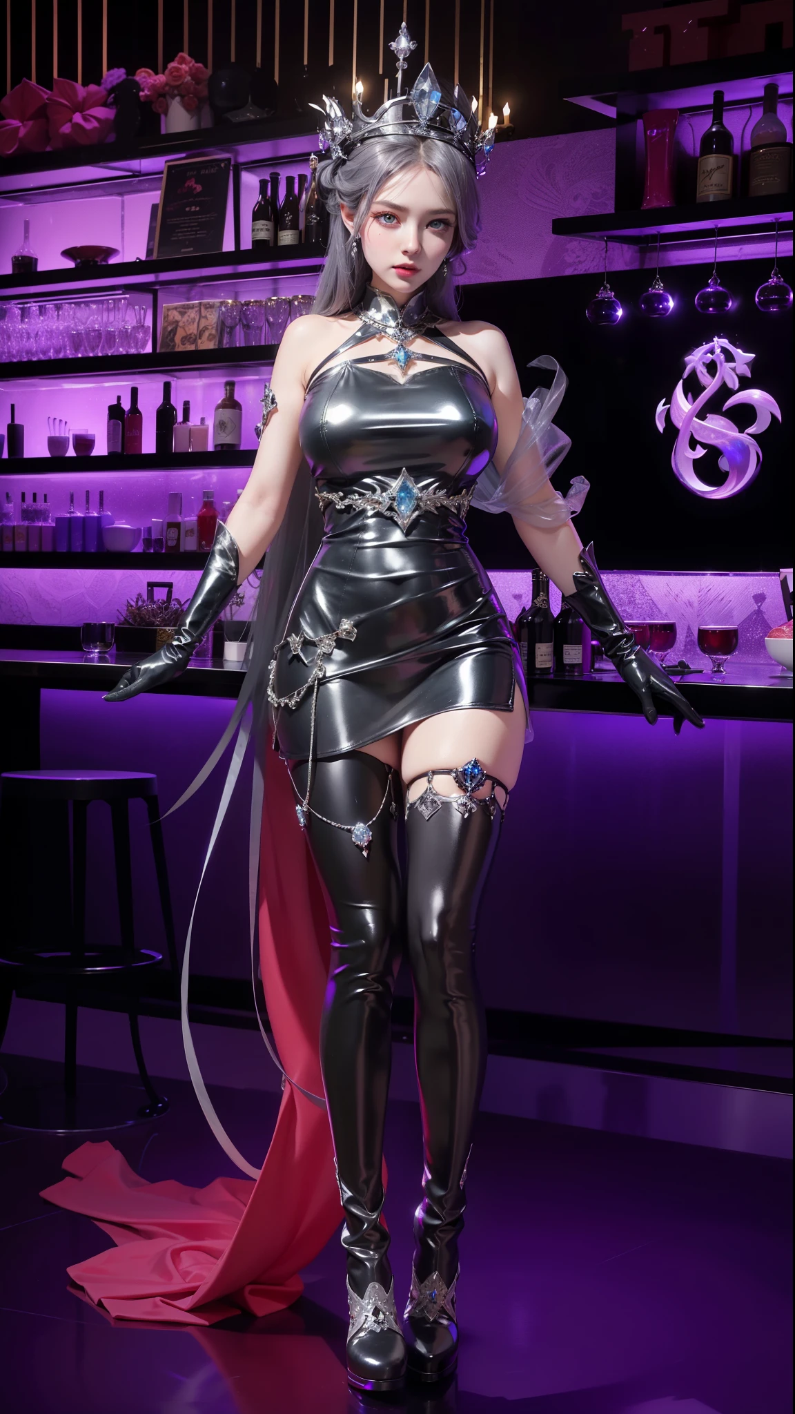 Imperial sister，Exquisite eyes，Snow Queen，Put the crown on your head，Detailed facial expressions body，Tall and big，number，Leg length，4K，HD，meat，White translucent lace，Fair and plump figure，Pretty Face，Little cherry mouth，Beautiful and delicious（3D Royal Sisters），Glossy Gel Coat，Vampire Queen in luxurious robes，Crystal Gem Crown，Ultra-clear portrait photos(8k)，Dark eyeshadow，Ice Princess，Wear black gloves，Fingers straightened，Wear silver high heeled boots