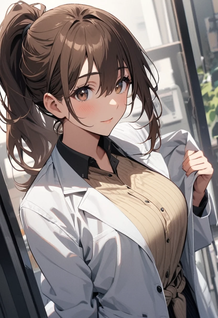 Italian girl, 25 years old, wavy brown hair, tied in a ponytail, super breasts, white lab coats, green eyes