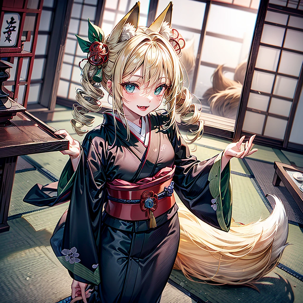 ((best quality)), perfect face, ((ultra detailed)), (((angled view))), ((standing)), HD, 8K, BREAK, ((1 fox girl)), (solo), BREAK, ((drill blonde hair)), ((long hair)), ((dim blue eyes)), ((red lips)), ((gentle smile)), (((open mouth)), ((sharp fangs)), ((fox ears)), ((fox tails)), BREAK, ((((wearing a black Kimono)), (((green decors))), BREAK, (((on feudal japan room))
