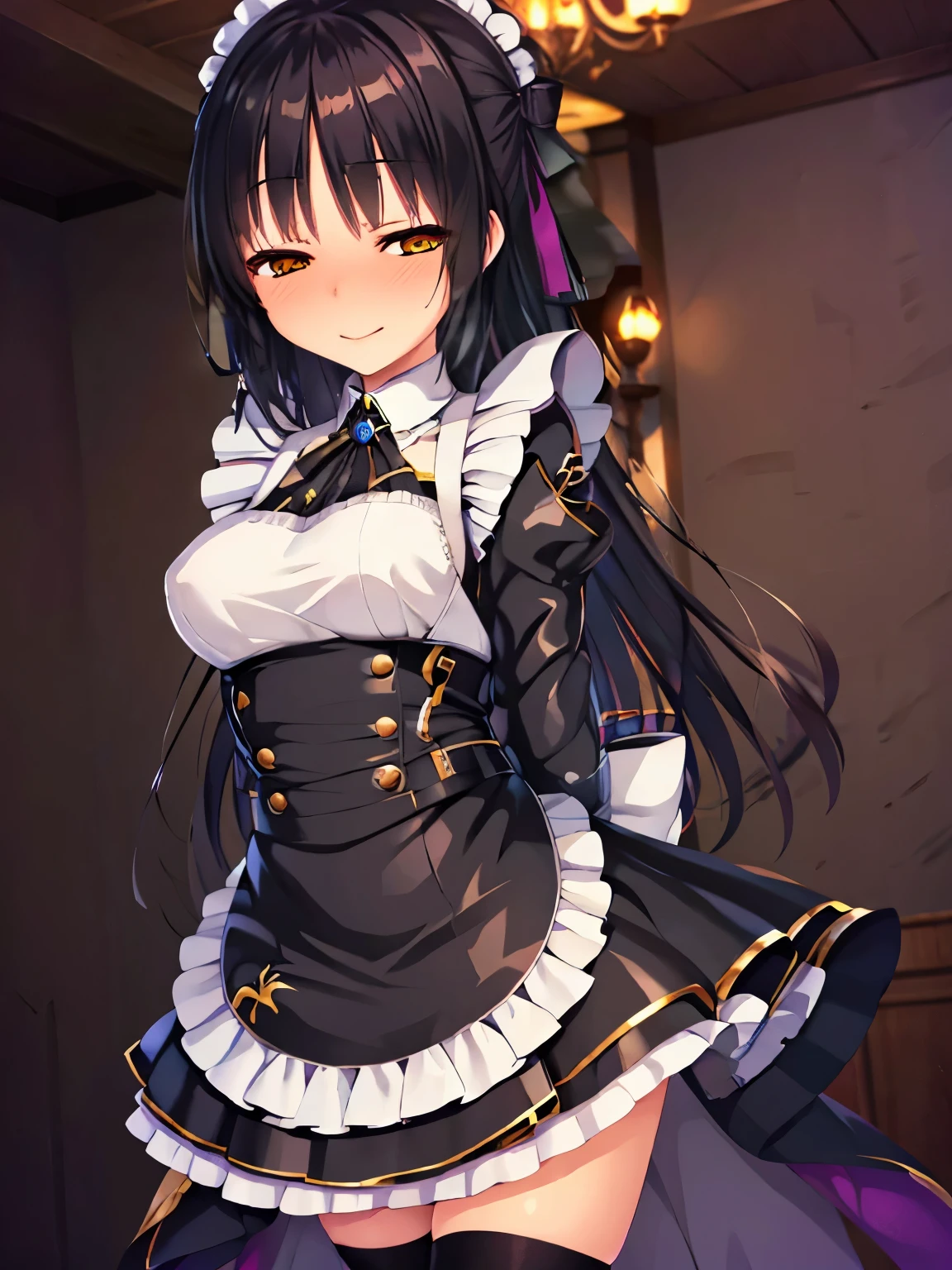 highest quality,wonderful,finely,Very detailed,unity 8k wallpaper,Game CG,extremely detailed CG unity 8k wallpaper,1 girl, 

blush,  

Natsume, black hair, 

maid, 

corruption, empty eyes, half-closed eyes, 
yellow eyes, smile, 

hands behind back, 