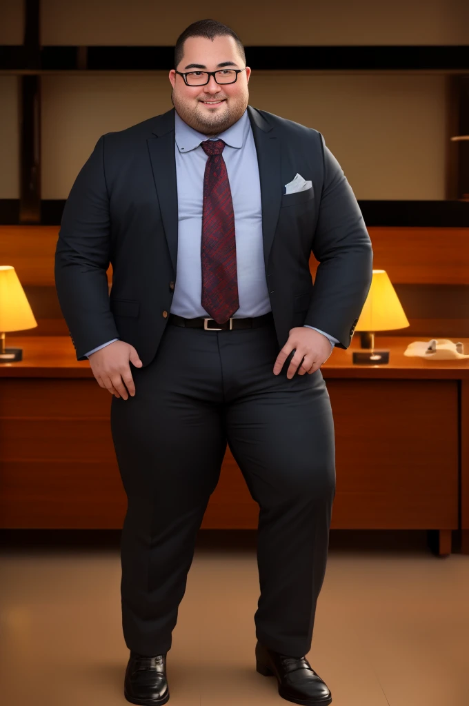 big, Fat Japanese man in a suit、whole body、office、Thick legs、Thick arm muscles、Intimidating、short hair、Kind Face、Long sleeve black jacket、Black trousers、Tight arm circumference、Long trousers、Tight suspension、Blue tie、tight white shirt、Groin bulge、Shirt tucked into pants、A very good rugby player、Intimidating、Having sex、Shiny black trousers、40 years old、tall
