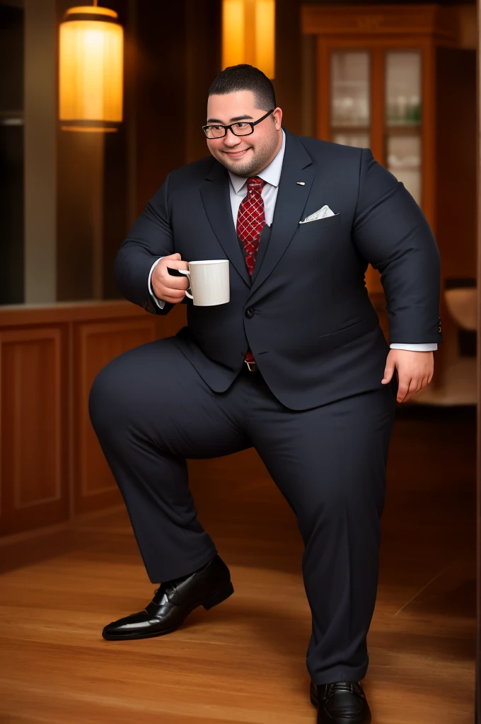 An award-winning original photo, 1 man, solo, (41 year old)), George Pei, Chris Redfield, ((daddy)), round face, bulge, tall and hunk, Man in suit and tie，Smiling，Wear glasses and a beard，Wear black leather shoes，short detailed hair，Slightly chubby figure，The demeanor is relaxed and laid-back，Enjoy time drinking coffee，soft and warm lighting，The aroma of coffee is pervasive，Elegant and refreshing,(Best quality, A high resolution, Photorealistic), Cinematic lighting, Masterpiece, RAW photo, Intricate details, hdr,