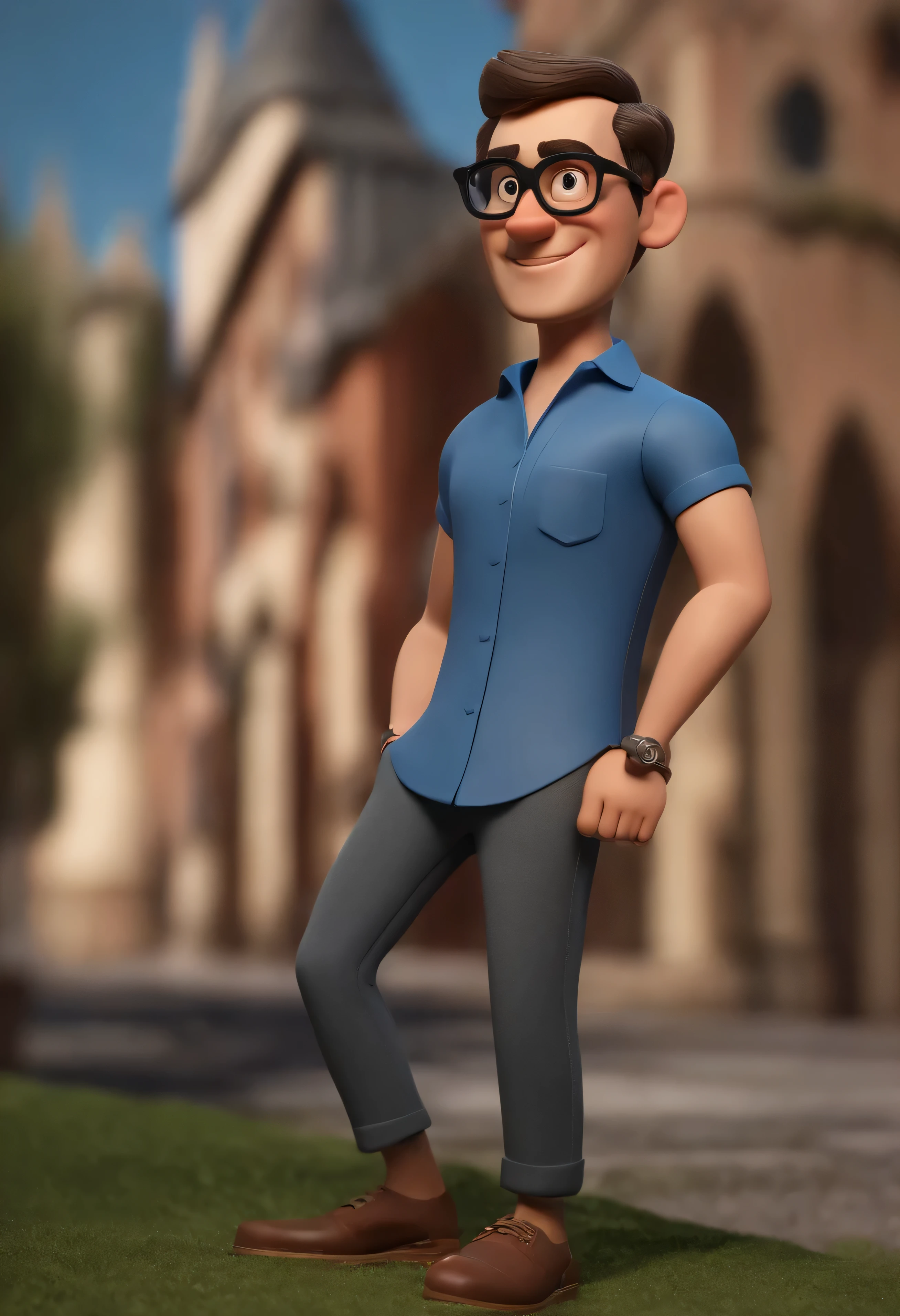 Cartoon character of a man wearing black glasses and a blue shirt, um personagem animado, Caractere estilizado, animation style rendering, 3D estilizado, Arnold Maya render, 3 d render stylized, toon render keyshot, Personagem 3D, Personagem 3D, 3d rendering stylized, 3 d character render, personagem de desenho animado, Personagem de close up, Pose de personagem, (Estilo Pixar) (master part:1.2) (Bokeh) (best quality) (pele detalhada) (textura detalhada) (8k) (argila) (Cinematic lighting) (sharp focus,Senta e vaza a parte superior do corpo and having fet body
