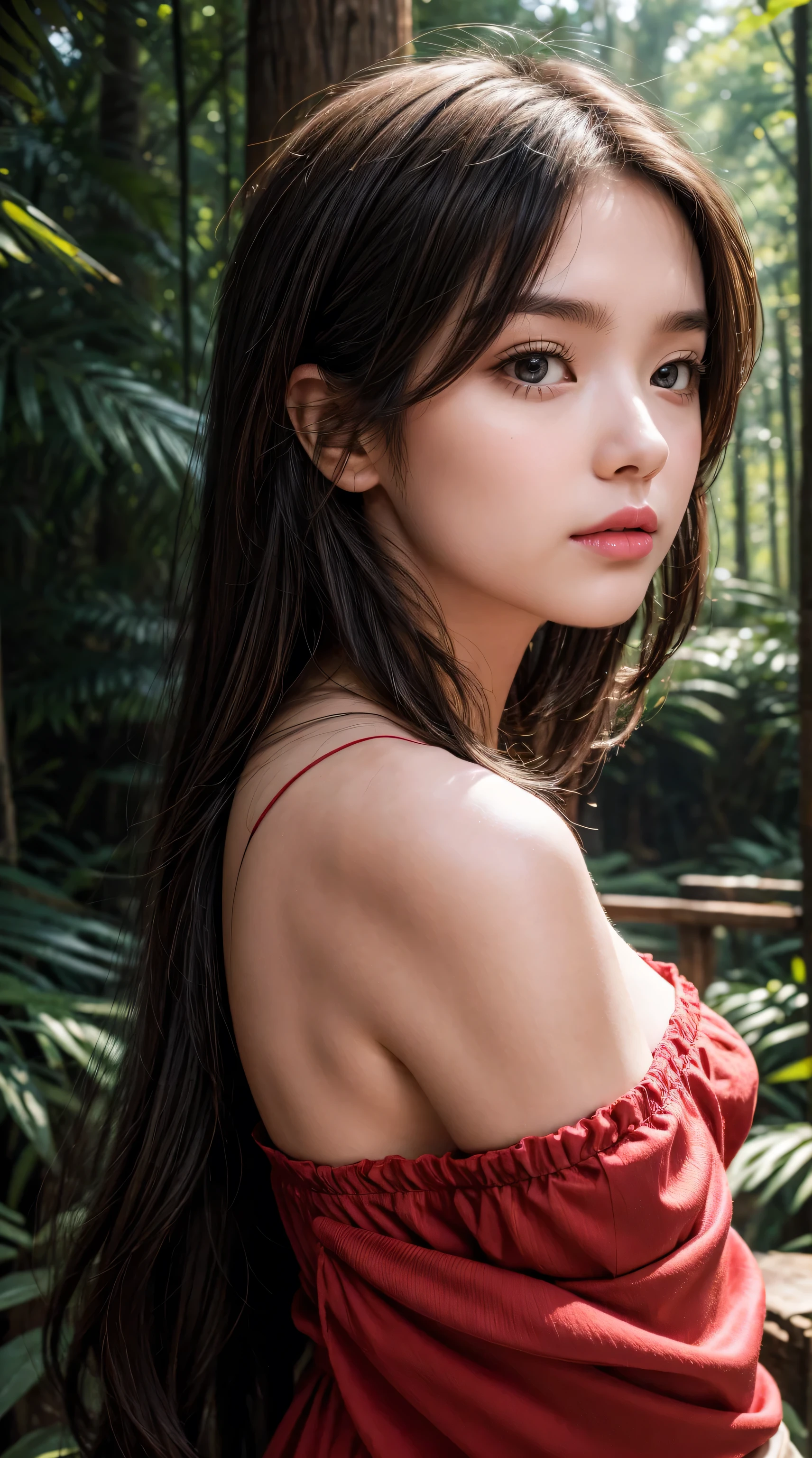 masterpiece, best quality, Ultra-high resolution, fluorescent color,, 1 girl, Looking at the audience, Pretty Face, beautiful eyes, (Off-shoulder: 1.2), Looked up, Upper Body, forest, Shiny hair, Glowing skin, Glow Cutting, Red Cliff, Finger proportion coordination