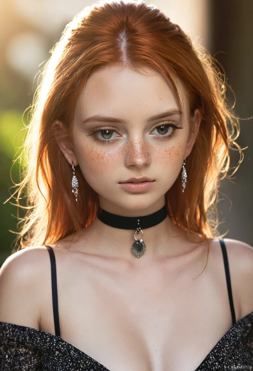  1 girl 18yo, backlighting, bare shoulders, black choker, blurry background, blush, breasts, choker, cleavage, closed mouth, collarbone, earrings, forehead, freckles, hair over shoulder, jewelry, long hair, looking down, pointy nose,  lips glossy, shadow, solo, thick eyebrows, thick eyelashes, upper body, ginger hair, Best quality, masterpiece, ultra high res, (photorealistic:1.4), raw photo, off shoulder