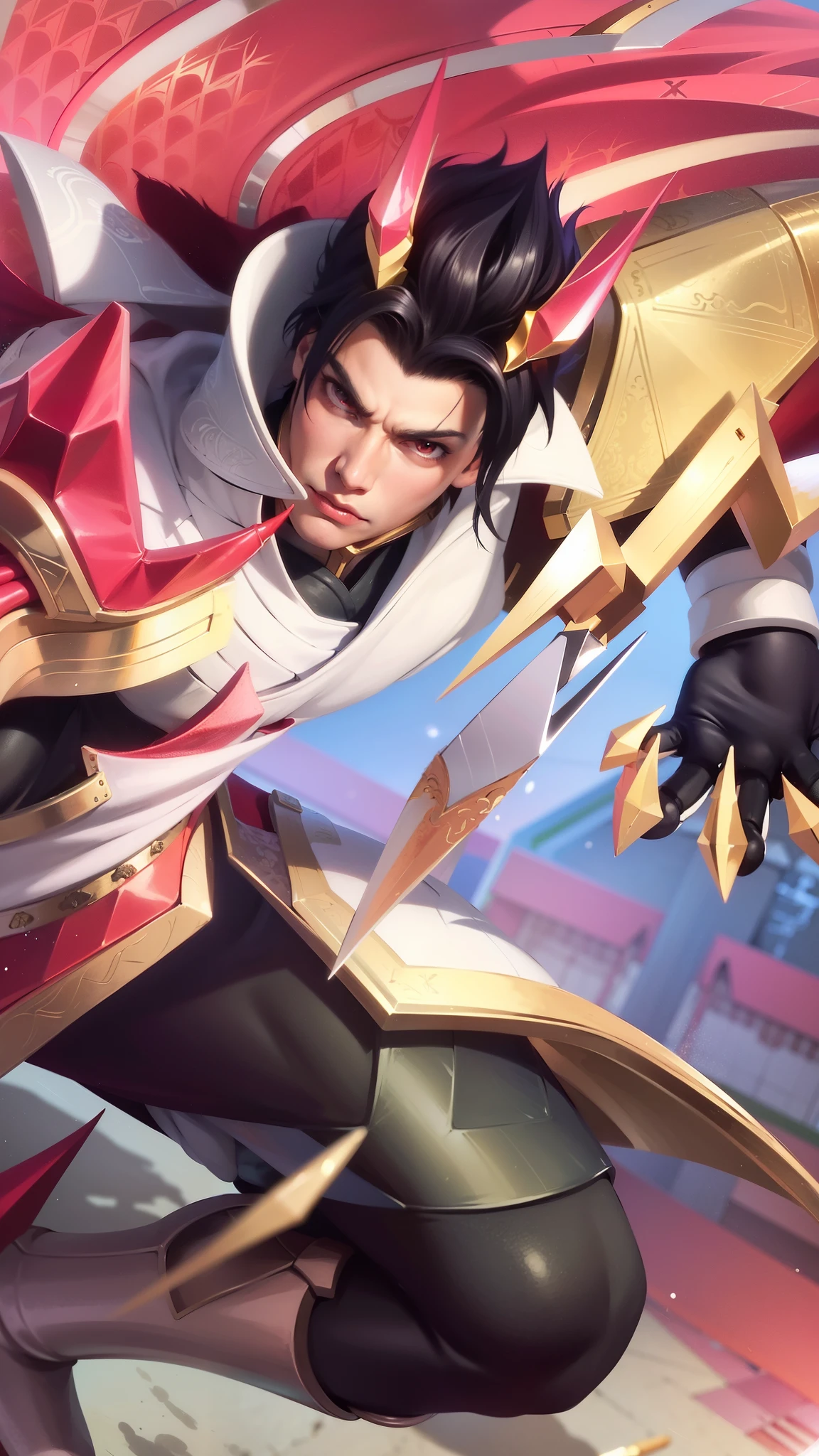 a close up of a guy with a sword and a red cape, son of sparda, handsome guy in demon slayer art, Best quality, masterpiece, detailed skin texture, detailed clothes texture, detailed face, super detail, 8k, intricate detail, 1 boy, The color doesn't change, Muscle guy, 1 guy.