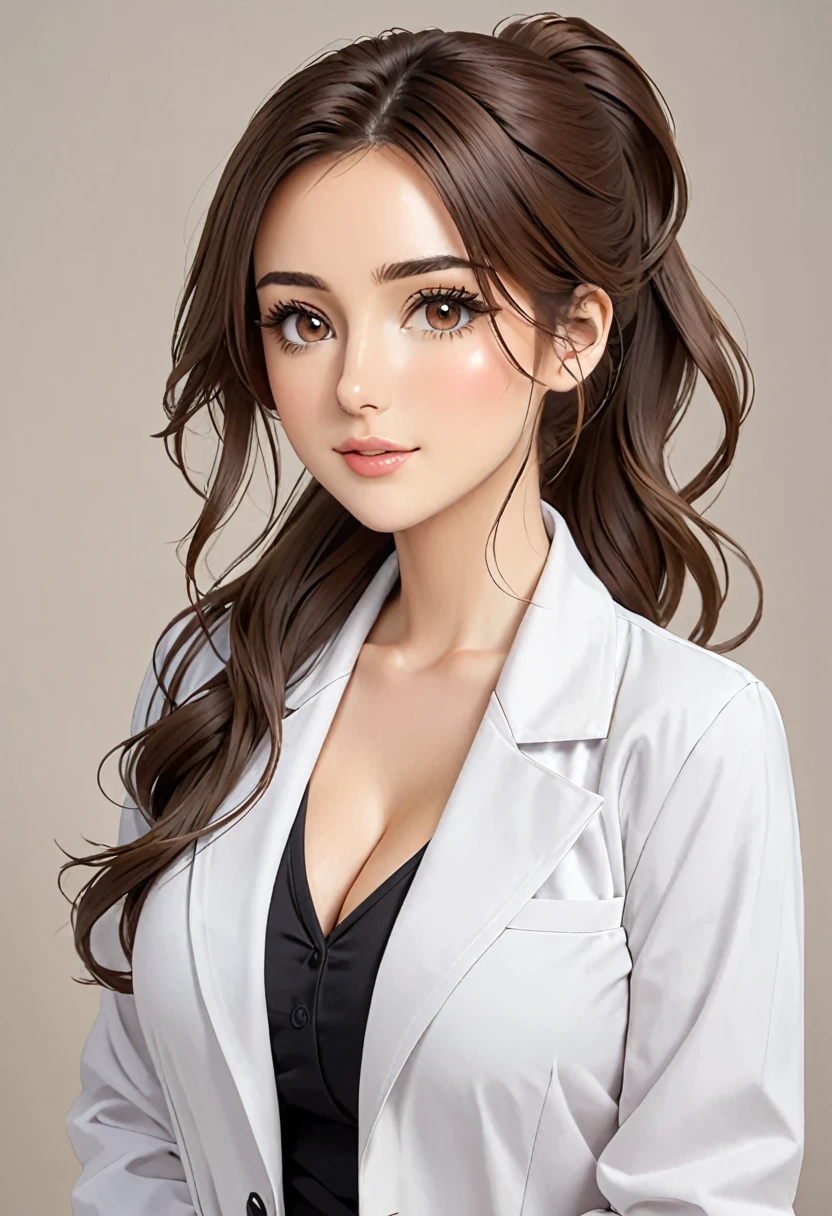 Italian girl, 25 years old, wavy brown hair, tied in a ponytail, busty, white lab coat