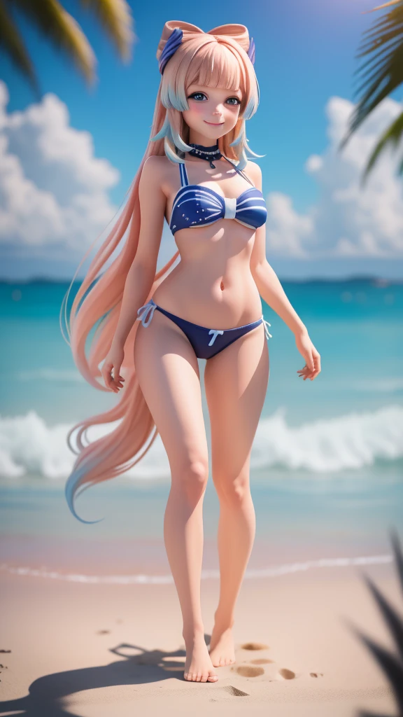 (Masterpiece), (Best Quality), (Ultra-detailed), (Full Body: 1.2) Girl, Light and Detailed, Clear Smile, Full Body, Beautiful Hair, Beach, Bikini, barefoot.