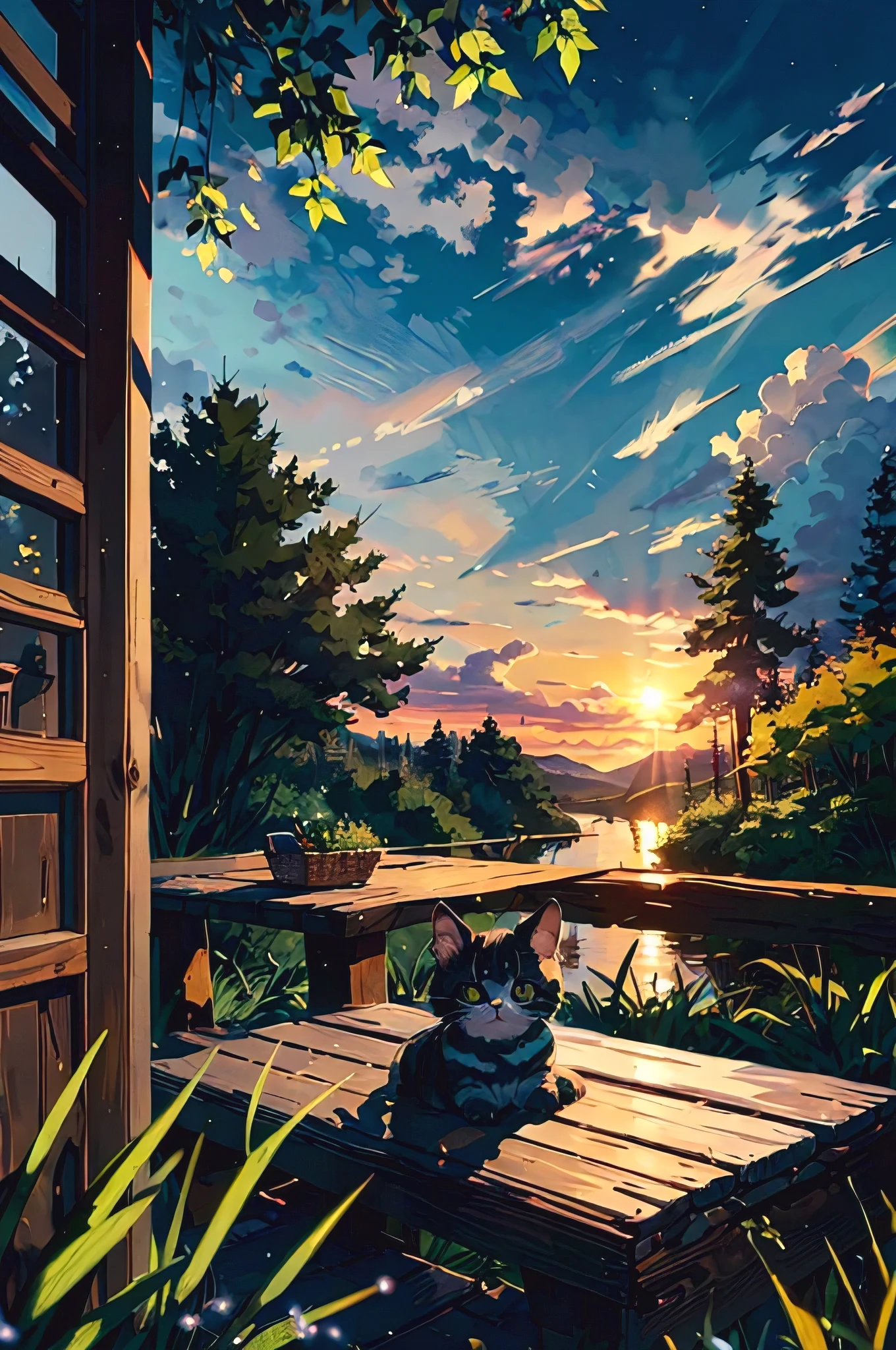 small black eyed cute hairy orange kitten sitting in a basket kept above a wooden table facing camera BREAK (masterpiece, best quality:1.2),cute fairy kitten, shining eyes, log house, log table, , outdoors, nature, pines, grass, tall grass, detailed grass, plants, day, clouds, sunset, sky, moody light, f/4, canon 50mm