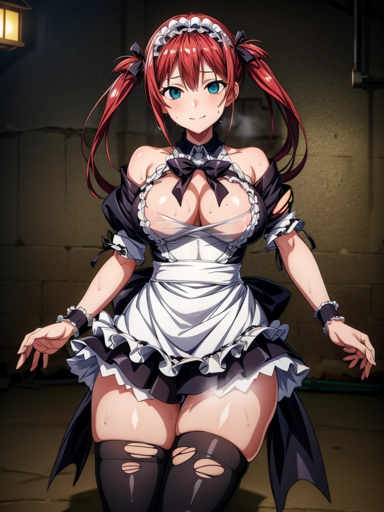 Tabletop, highest quality, Airlive 4,  Thighs Thighs Thighs, black Thighs Thighs Thighs, apron, zettai ryouiki, Maid, Maidの頭飾り, Cleavage, Wrist cuff,One girl,,(Spanning the viewer:1.4),(Sweaty:1.4),(Dark basement:1.4),hypnoLora,
empty eyes,(Torn clothes:1.1),Wicked Smile,(Wounded Body:1.1)