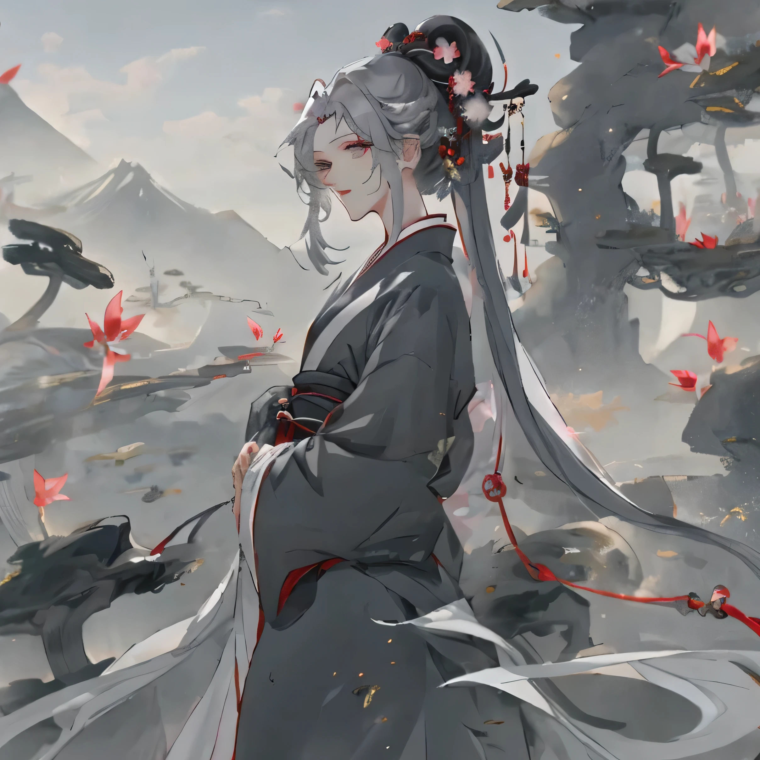 Anime cultivator girl, xianxia, grey robes, unique hairtyle, chinese, anime