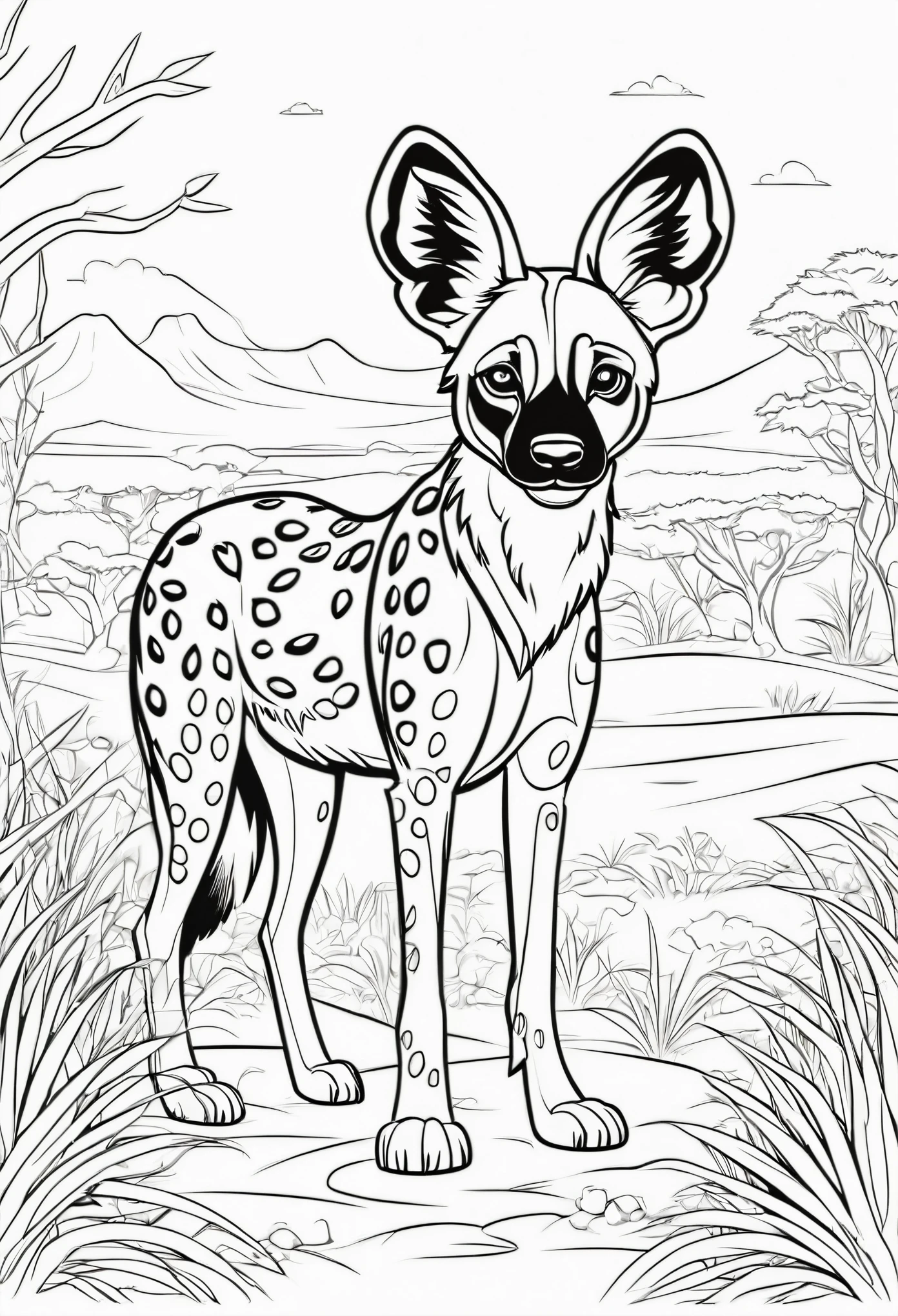 coloring page for kids, african wild dog in the african Savana with lots of bushes, cartoon style, thick lines