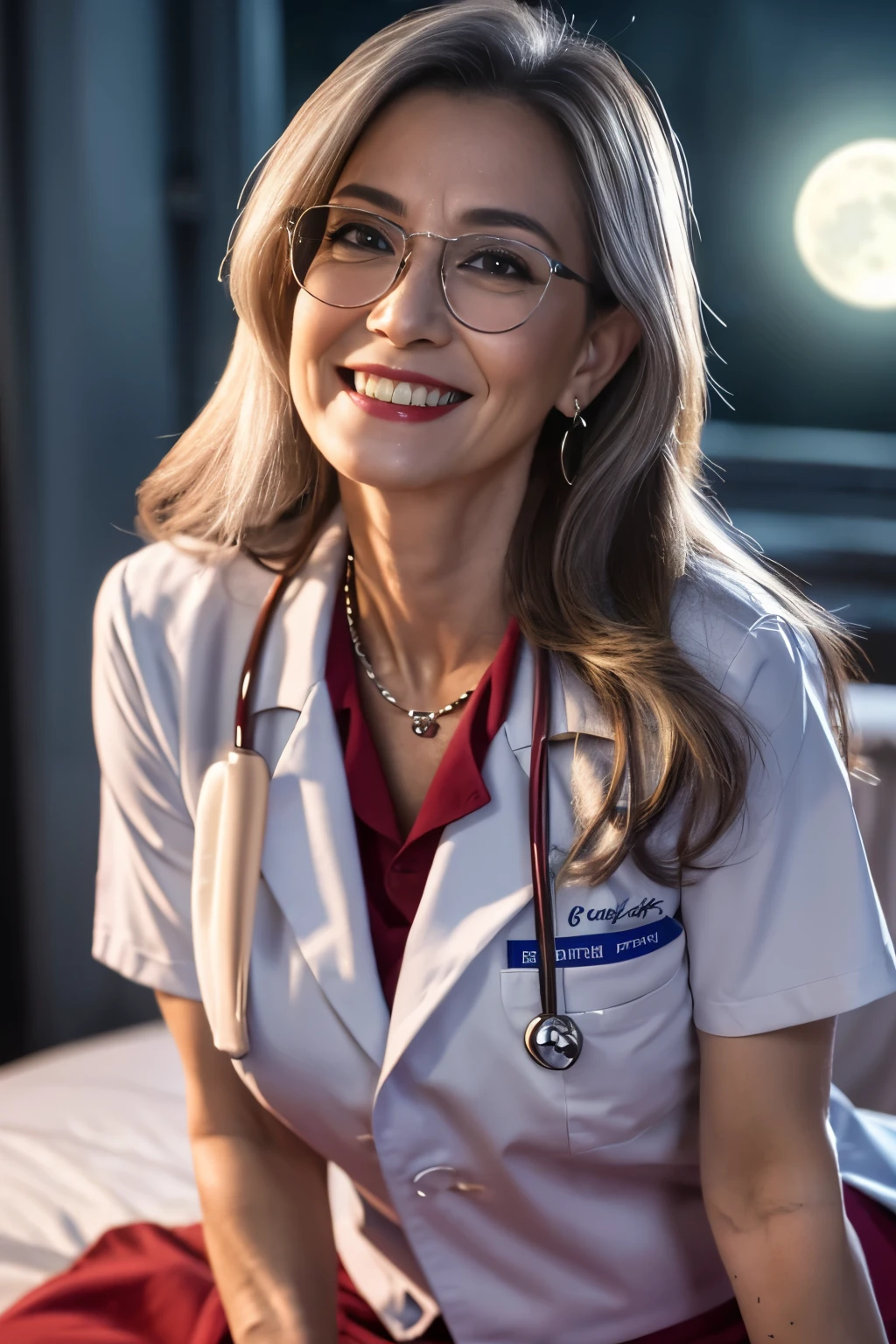 55-year-old woman with long white hair, seductive gaze, some wrinkles on her face, 8k, detailed background, utlra realistic, realism, exta realistic, wrinkles on body, hospital, doctor suit, red skirt sitting on hospital bed, tattoo, evening time moonshine, SFW, sexy doctor clothes with high neckline, glasses, beautiful night full moon outside the window, showing full body, full body, big titts, round breasts, looking at viewer from below, light smile, teeth indoors,soft lighting, extreme detail, hdr, long hair