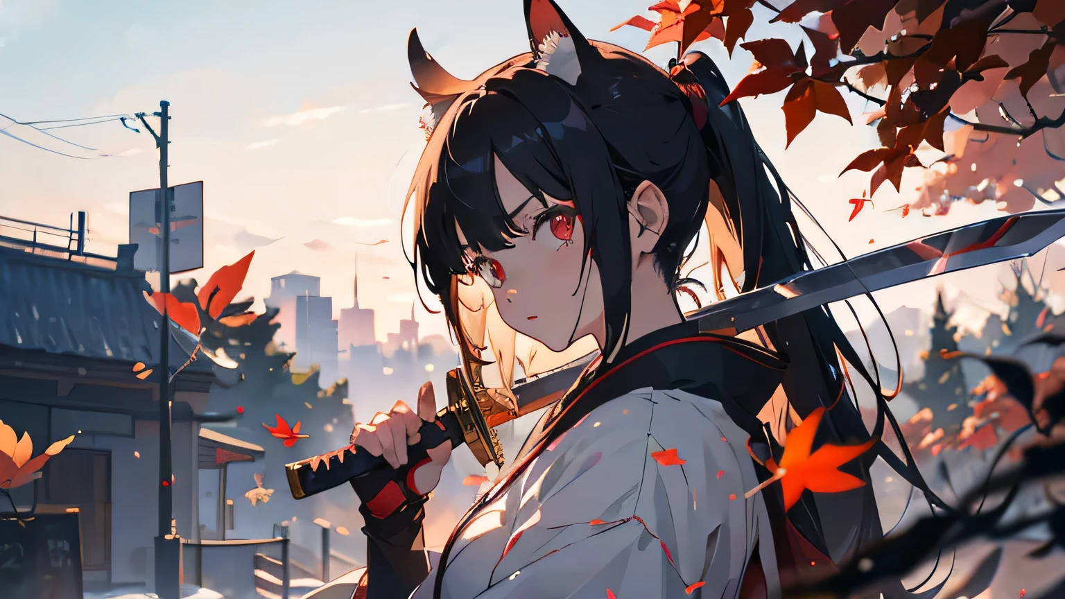 kawai anime girl, oni mask, sword, red eyes, artwork, minimalism, serious face, background old cahotic anime japanese city, zoom out, with a anime red leaf tree, ready to fight an opponent, and her hand ready to stike like in anime, the view of her from the side, holding her anime katana, with killer eyes staring at you 