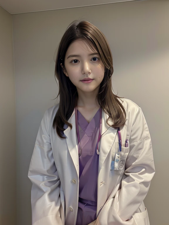 (kawashimaumika), (RAW Photos, highest quality),masterpiece, Natural light, 1 girl, Smooth Hair、Wear a lab coat over your scrubs, Hospital examination room, Stethoscope,