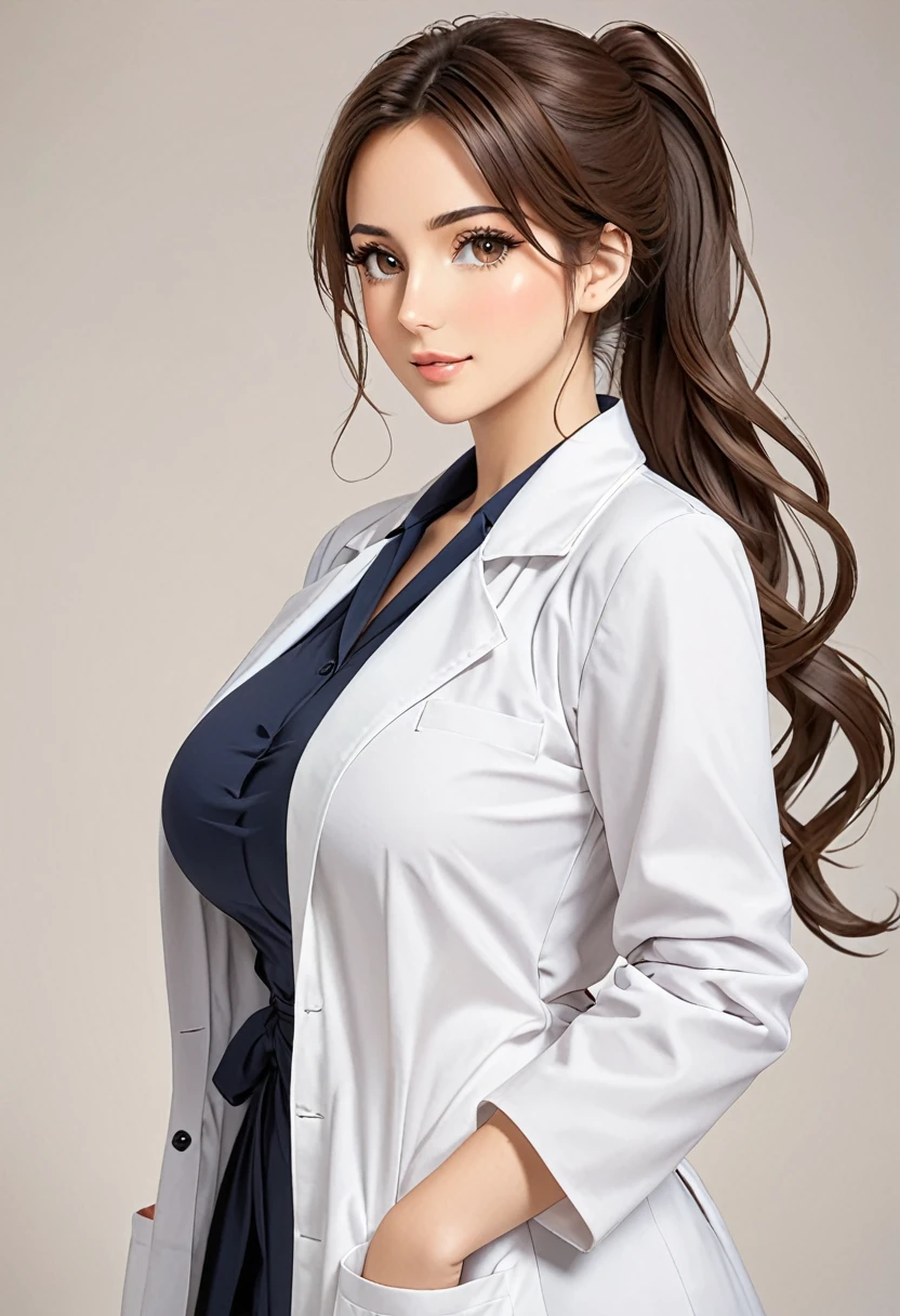 Italian girl, 25 years old, wavy brown hair, tied in a ponytail, super breasts, white lab coats