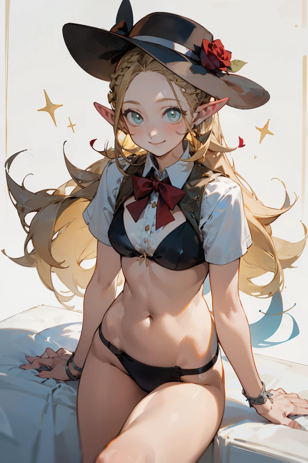 A bikini、girl in a hat，(masterpiece, best quality) detailed,silver accessories , Blonde ,elegant, Pointed ears ，White shirt，Double tail，Waist-length hair，Smile，Star decoration，White lace socks，thorns，Rose，Vest line