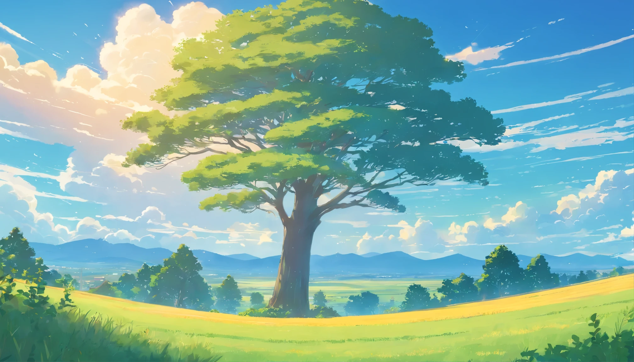 a painting shows green fields with cypress trees, in the style of voigtlander brilliant, sky-blue and yellow, trompe-l'oeil illusionistic detail, konstantinos parthenis, gustave van de woestijne, louis rhead, impressive skies, 500px by 600px