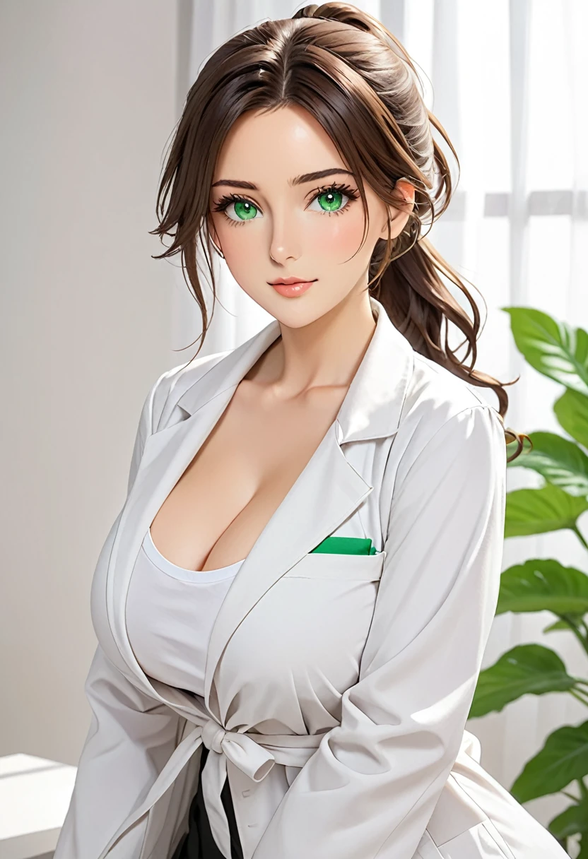 Italian girl, 25 years old, wavy brown hair, tied in a ponytail, super breasts, white lab coats, green eyes