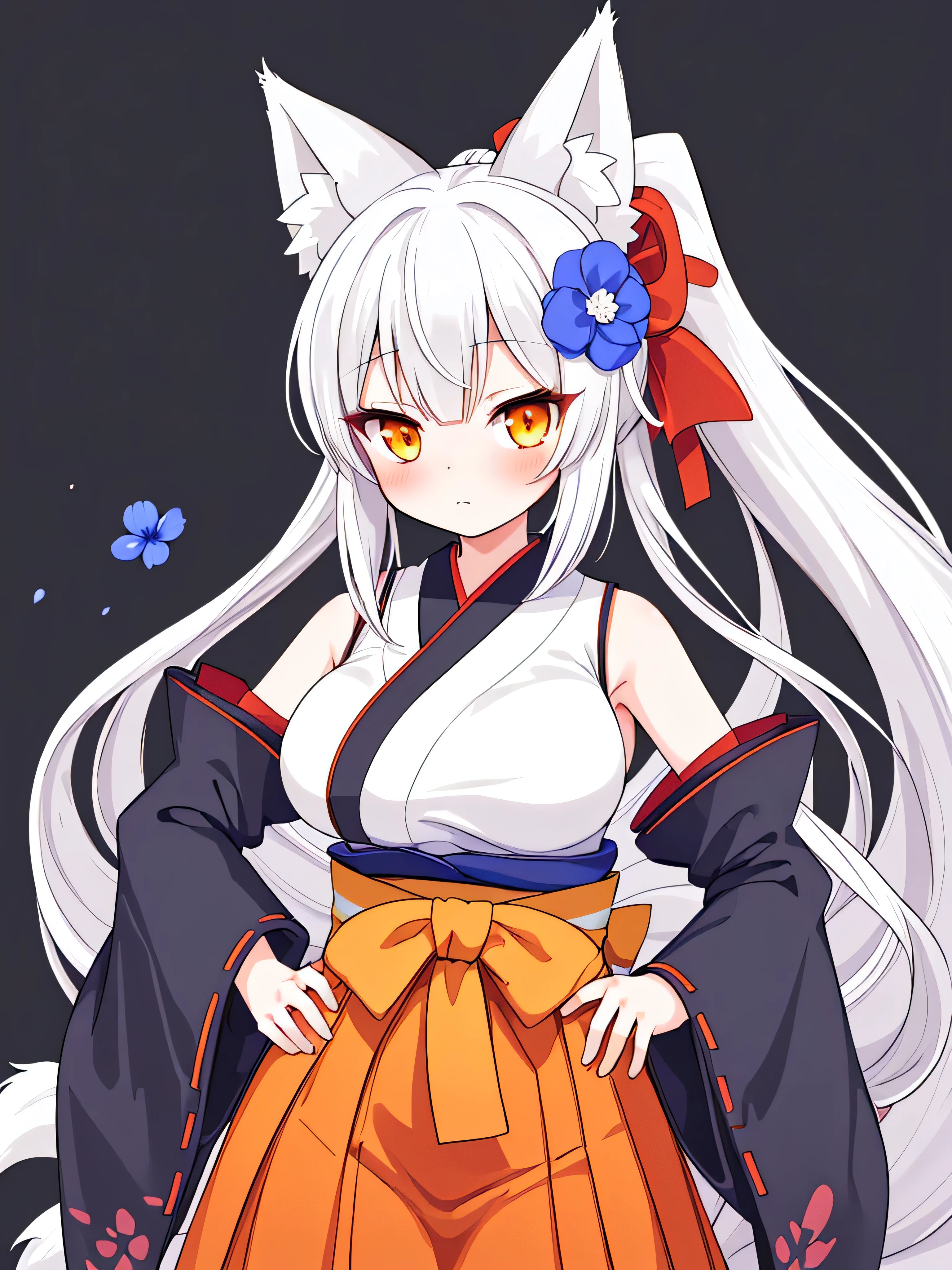 masterpiece, top quality, super detailed, CG illustration, high resolution, better lighting, best shadows, very delicate and beautiful, proper shading, hd, 8k,1girl, solo, long hair, breasts, looking at viewer, blush, bangs, large breasts, hair ornament, long sleeves, ribbon, animal ears, bare shoulders, closed mouth, tail, hair ribbon, yellow eyes, ponytail, flower, ahoge, white hair, sidelocks, detached sleeves, japanese clothes, hair flower, wide sleeves, kimono, orange eyes, animal ear fluff, hand on hip, sash, fox ears, sideboob, hair tubes, obi, black background, fox girl, ribbon trim, hakama, hakama skirt, ribbon-trimmed sleeves, blue flower, red hakama, sleeveless kimono