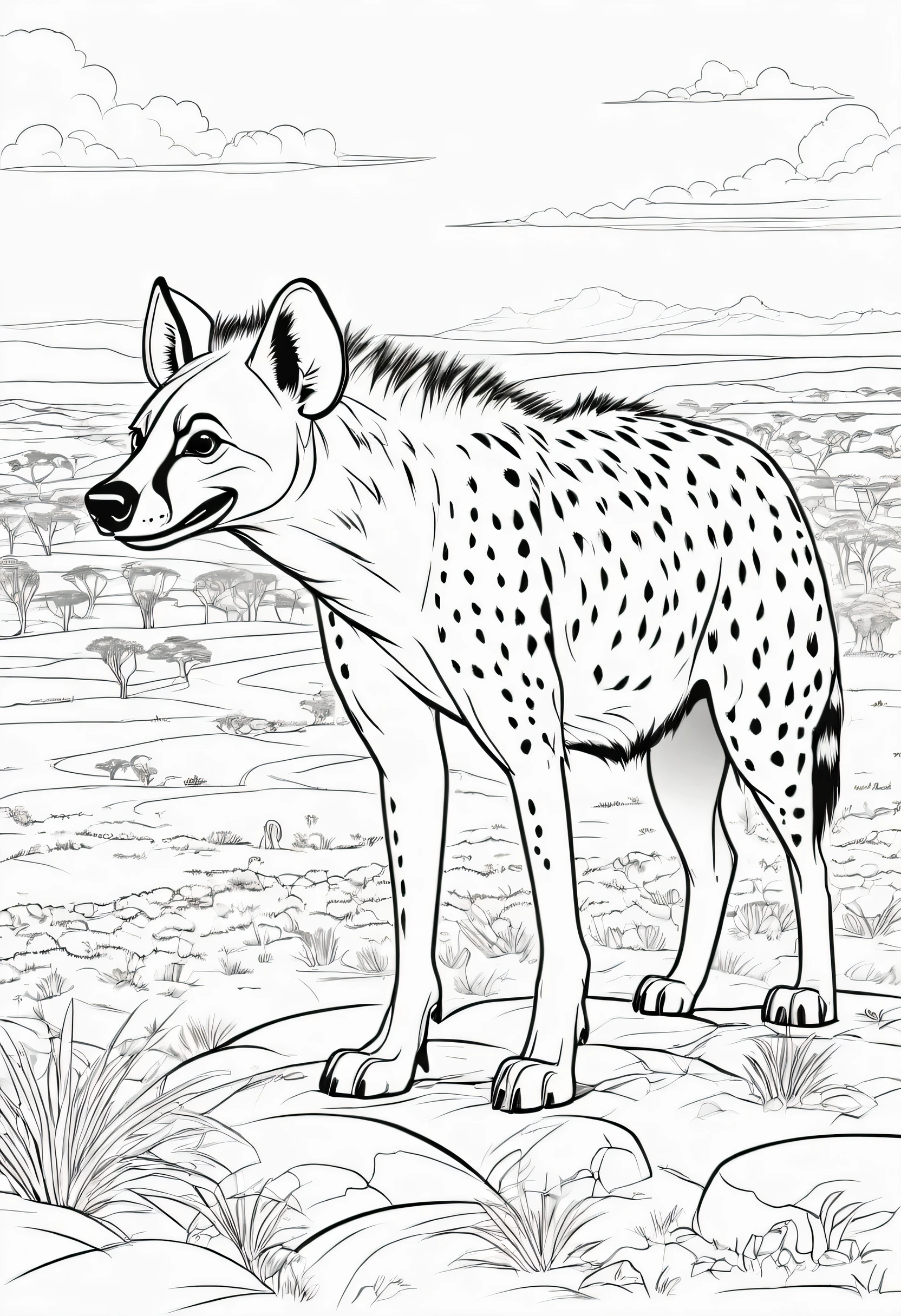 Line drawing, Pixar style, coloring page, A hyena roaming the plains of africa, ColoringBookAF,blank white background,ColoringBookRedmond-ColoringBook