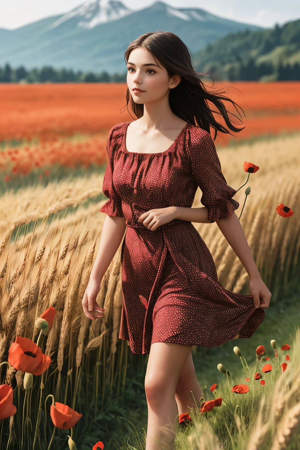 young girl in a red dress walks in a field of ripe wheat dotted with poppies, campaign in summer, fond montagnes