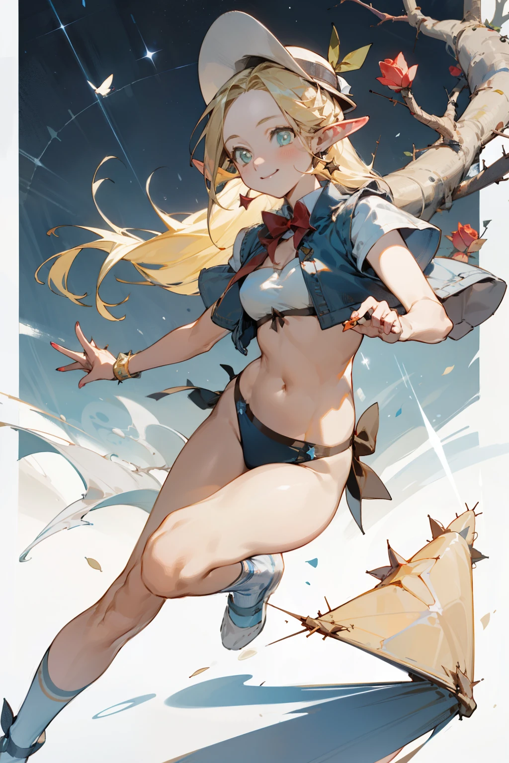 A bikini、Blonde girl wearing hat and silver accessories ,elegant, Pointed ears ，White shirt，Waist-length hair，Smile，Star decoration，White lace socks，thorns，Rose，Vest line
