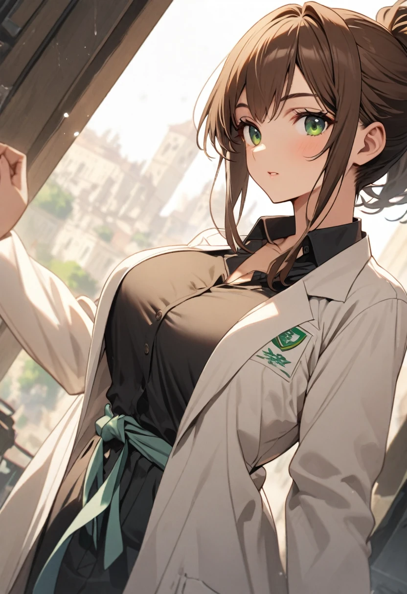 Italian girl, 25 years old, wavy brown hair, tied in a ponytail, super breasts, white lab coats, green eyes