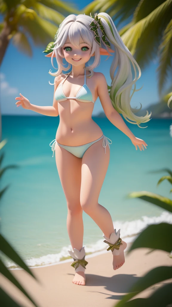 (Masterpiece), (Best Quality), (Ultra-detailed), (Full Body: 1.2) Girl, Light and Detailed, Clear Smile, Full Body, Mid Hair, Beach, (((Bikini))), barefoot.